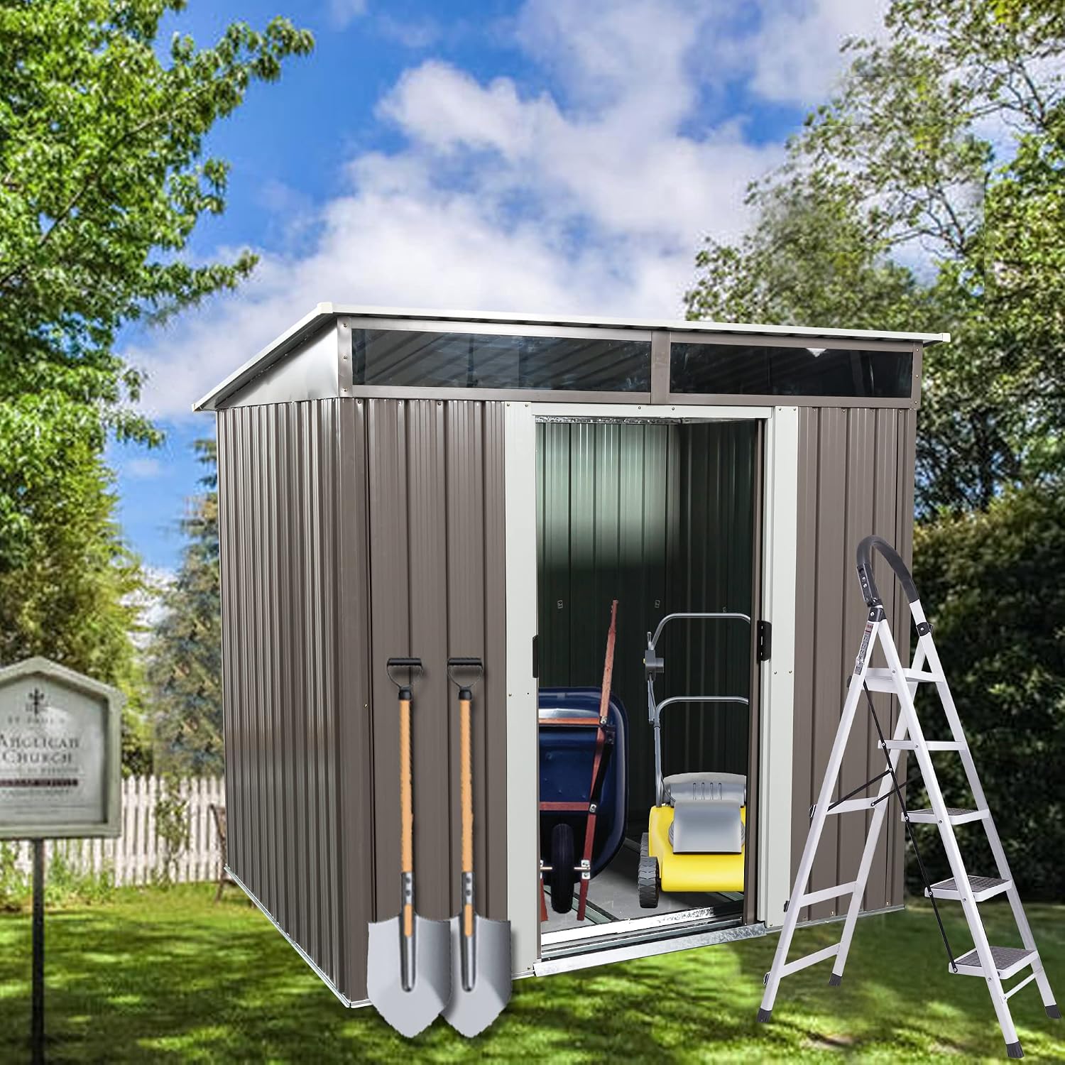 6.4 x 5ft Outdoor Storage Shed Storage Sheds Outdoor with Floor Frame & Lockable Doors,Metal Outdoor Storage Clearance for Backyard Patio Lawn (Gray)