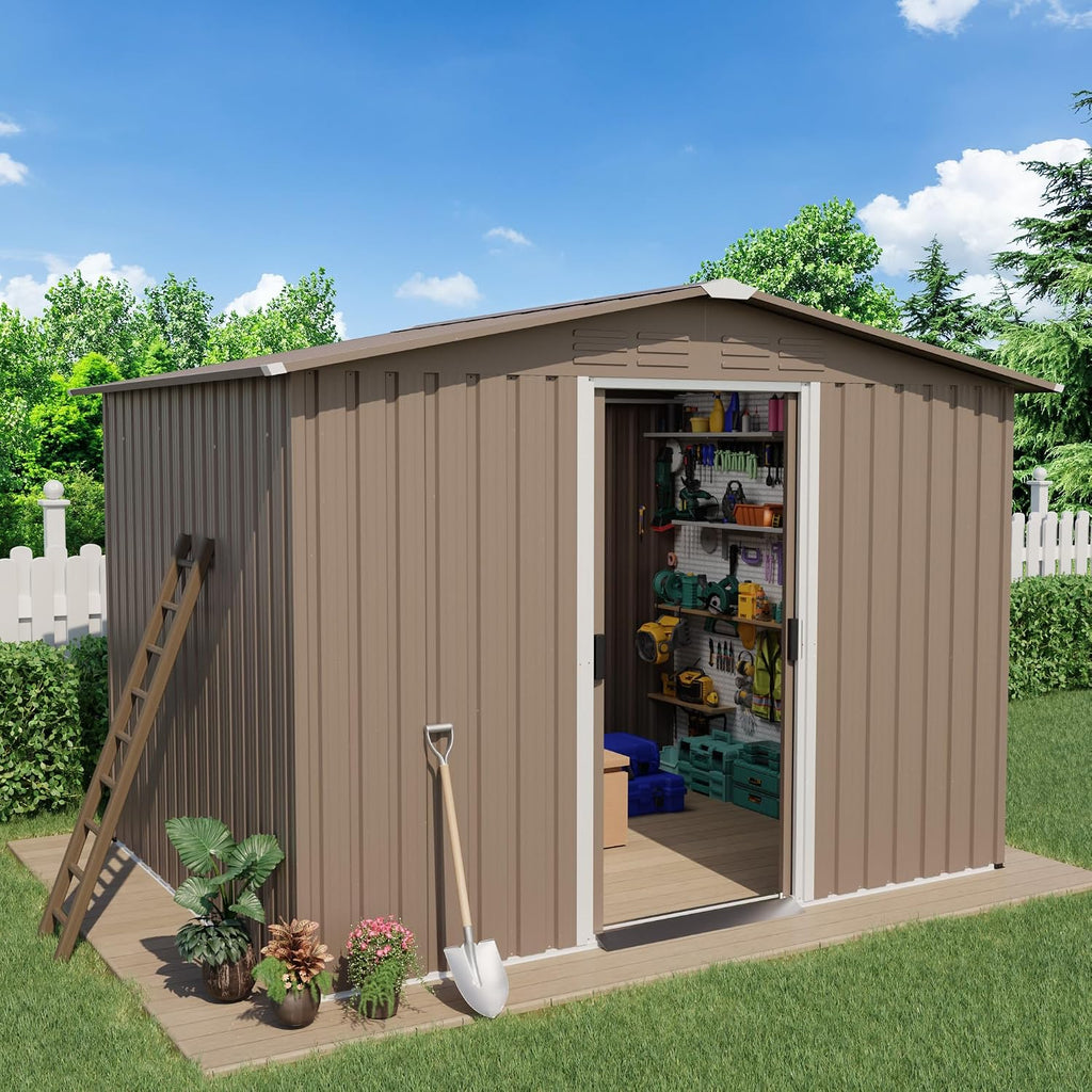 ALAULM 8'x6' Outdoor Storage Shed Outdoor Galvanized Metal Tool Shed with Vents & Sliding Door, Waterproof Garden Shed for Patio,Lawn,Backyard to Store Bikes,Tools,Brown