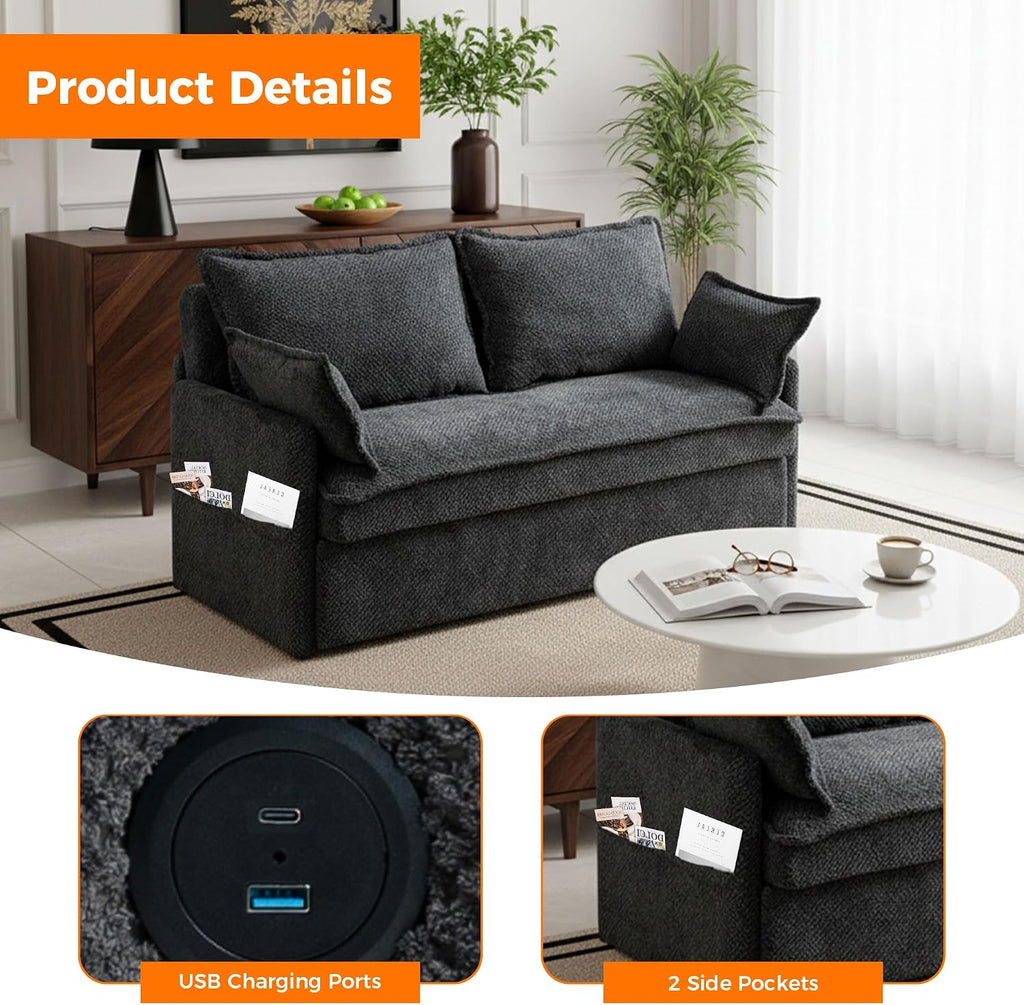 2 in 1 Queen Size Sofa Bed, 59.5' Convertible Sofa with USB/C-Type Ports, Corduroy Sleeper Sofa with Side Pockets, Loveseat Chaise for Small Spaces, Living Room & Bedroom (Grey)