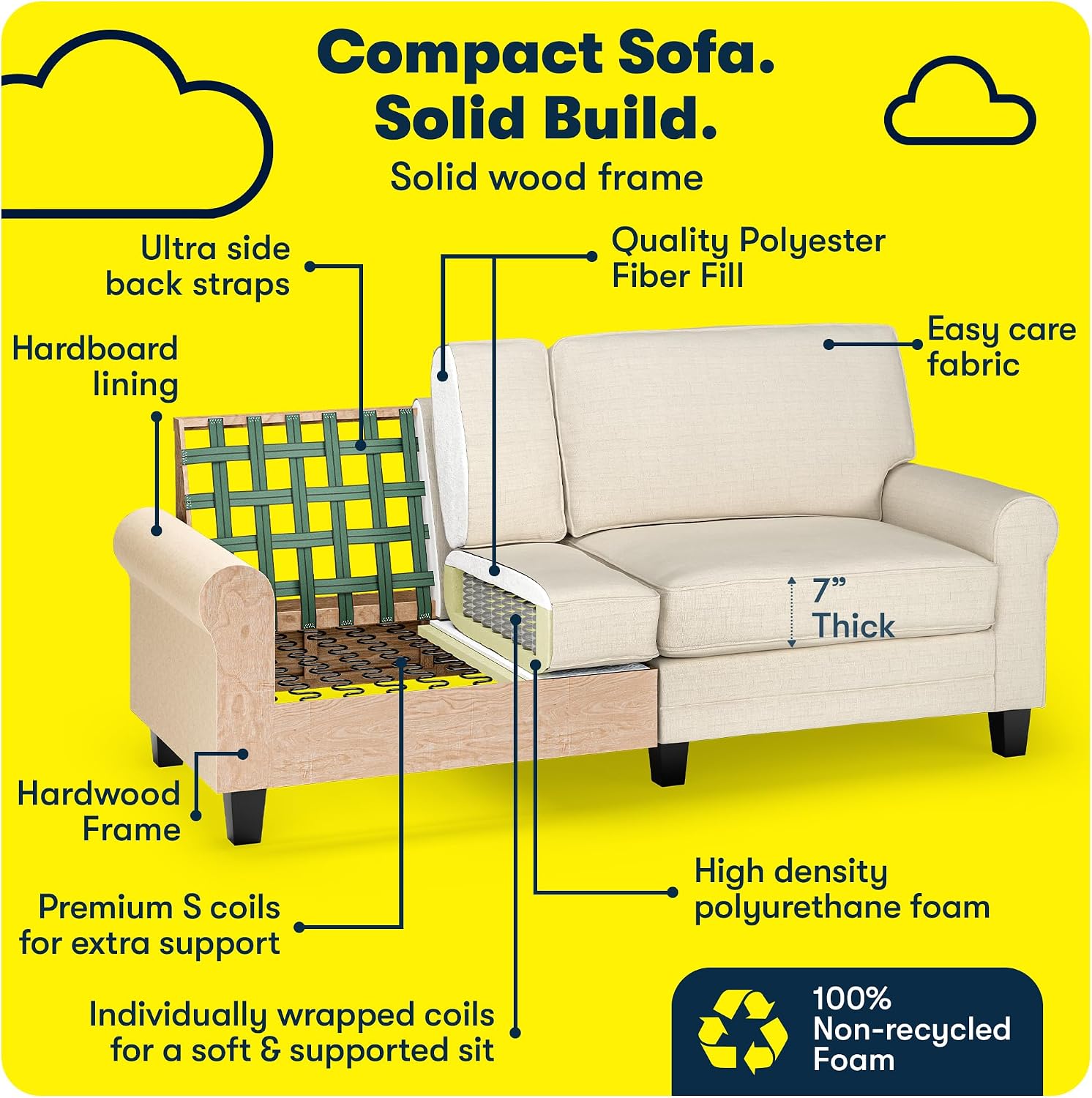 Serta Copenhagen 78' Rolled Arm Sofa, Easy Care Polyester, Soft Pillow Back, Pocket Coil Seat Cushions, Removable Covers, Loveseat or Couch for Small Spaces, Living Rooms or Bedrooms, Buttercream