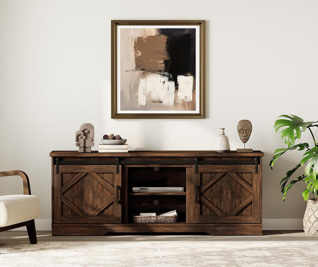 WAMPAT Modern Farmhouse TV Stand for TVs up to 75' with Sliding Barn Doors, 25.6' H Wood Entertainment Center with Adjustable Media Storage Shelf for Living Room, Dark Walnut Brown