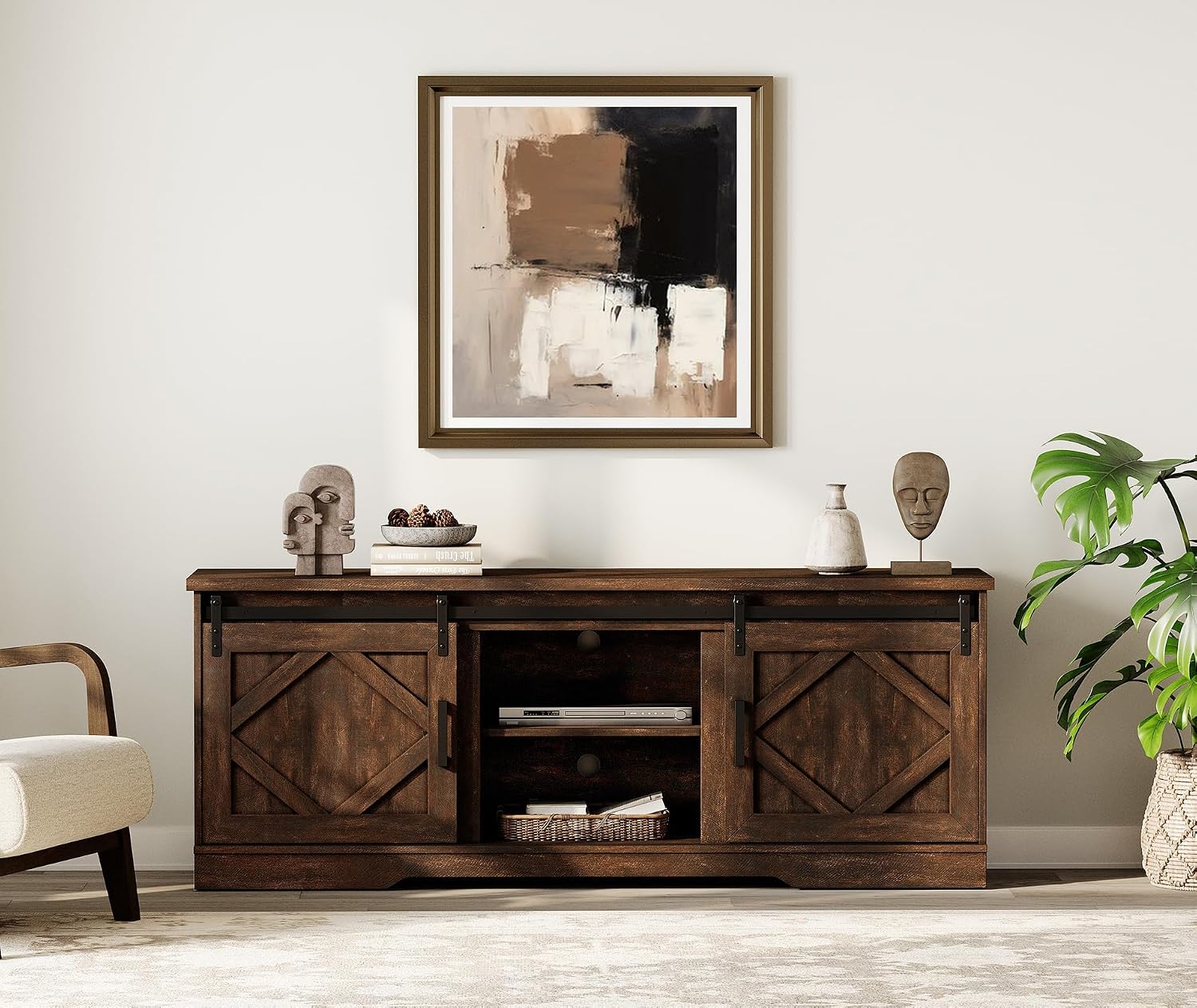 WAMPAT Modern Farmhouse TV Stand for TVs up to 75' with Sliding Barn Doors, 25.6' H Wood Entertainment Center with Adjustable Media Storage Shelf for Living Room, Dark Walnut Brown