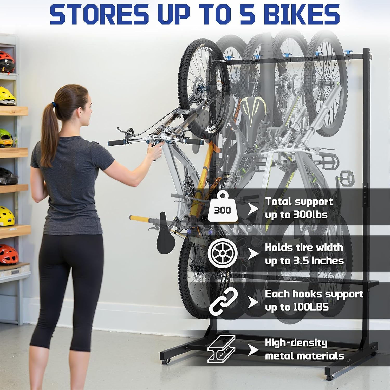 Freestanding Bike Rack with Caster Vertical Bike Storage Stand for Garage Indoor Bicycle Organizer Holds Up to 5 Bikes