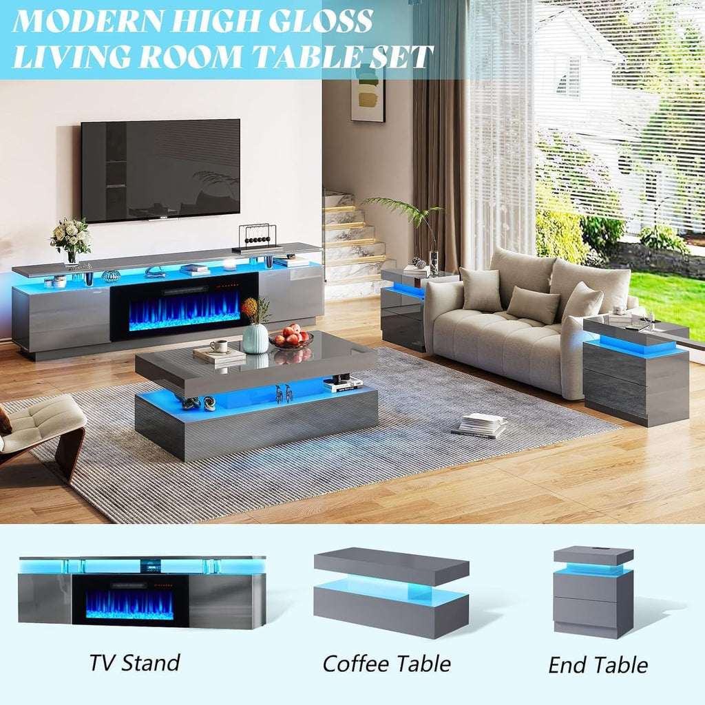 AMERLIFE Fireplace TV Stand with 36' Fireplace, 70' Modern Fireplace Entertainment Center LED Lights, 2 Tier TV Console Cabinet for TVs Up to 80', Grey