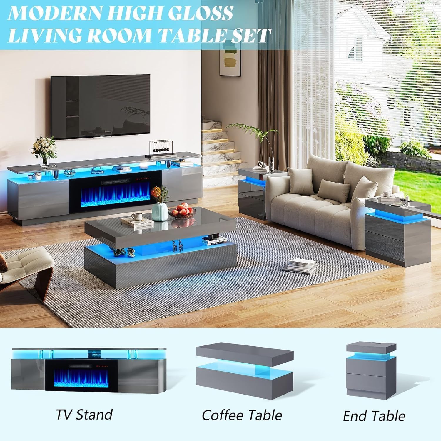 AMERLIFE Fireplace TV Stand with 36' Fireplace, 70' Modern Fireplace Entertainment Center LED Lights, 2 Tier TV Console Cabinet for TVs Up to 80', Grey