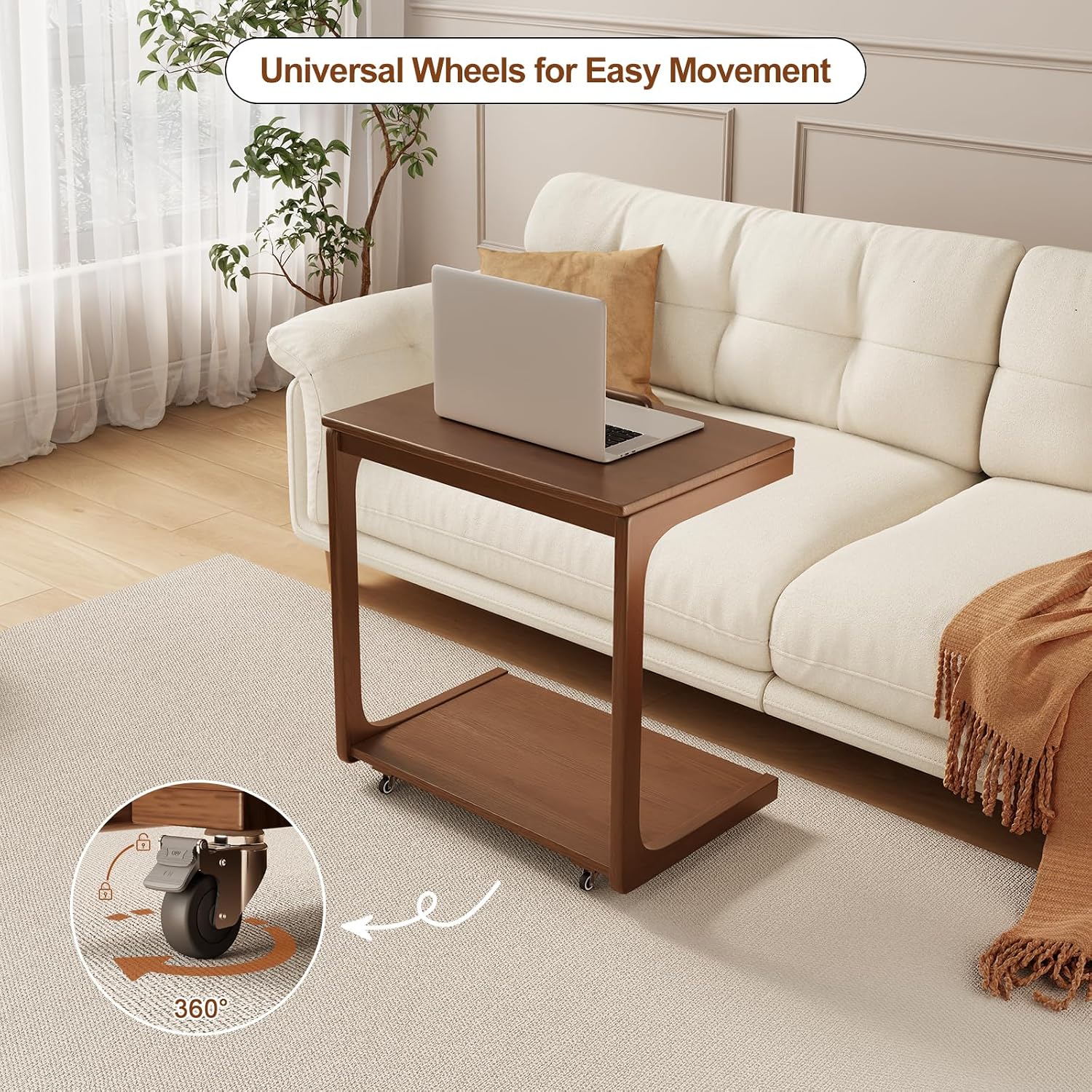 AQIMUELE Wooden C-Shaped End Table,Couch Table with Adjustable Desktop,Small Rolling Side Table with 2 Lockable Wheels 23.6' Width,Small End Table for Couch, Living Room,Bedroom (Walnut)