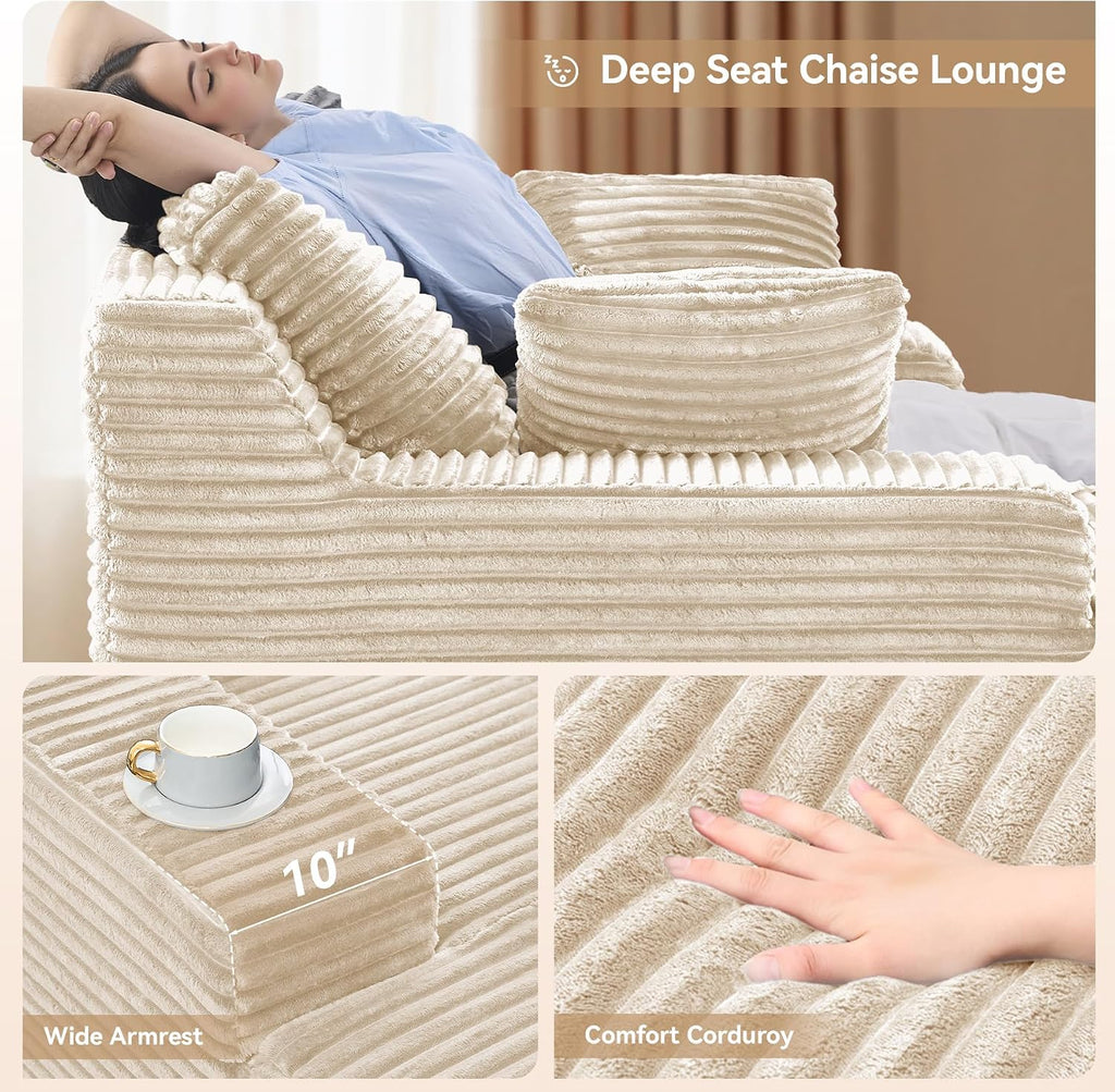 51'' Oversized Chaise Lounge Chair Indoor, Non-Assembly Deep Seat Sofa Bed Corduroy Sleeper Cloud Boneless Couch with 2pcs Pillows for Reading Living Room-Khaki