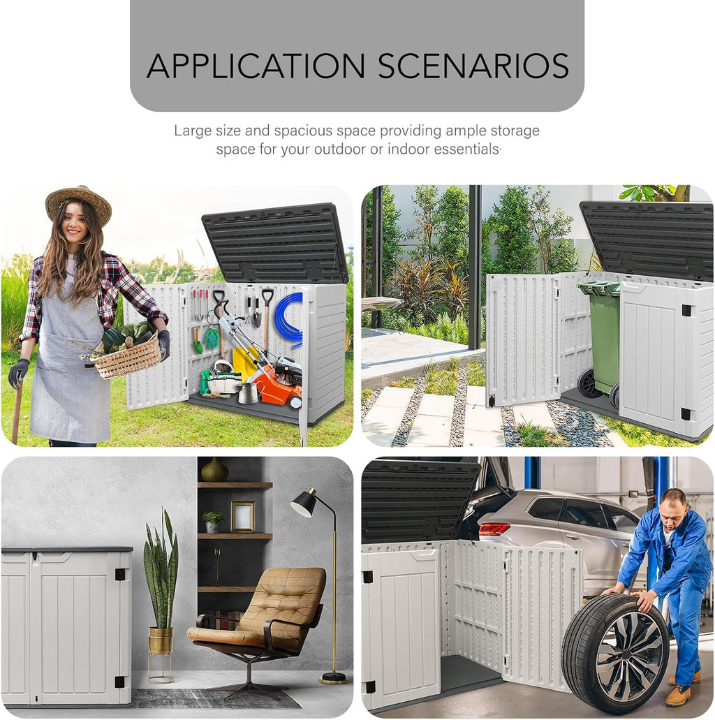 AJP Distributors 4ft x 2.5ft 35 cuft Outdoor Storage Shed, Waterproof Resin Horizontal Storage Box w/Lid & Lockable Doors for Backyard Garden Patio Pool - Bike Cushion Garbage Can Tools Lawn Mower