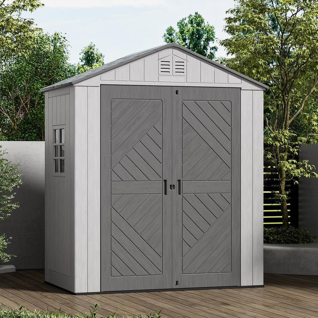 Mrosaa 6x4 FT Storage Shed with Floor,HDPE Resin Outdoor Storage Shed Weather Resistant,Lockable Garden Sheds with Windows for Home/Garden Tools/Backyard/Lawn Mower/Bike Storage(Gray)