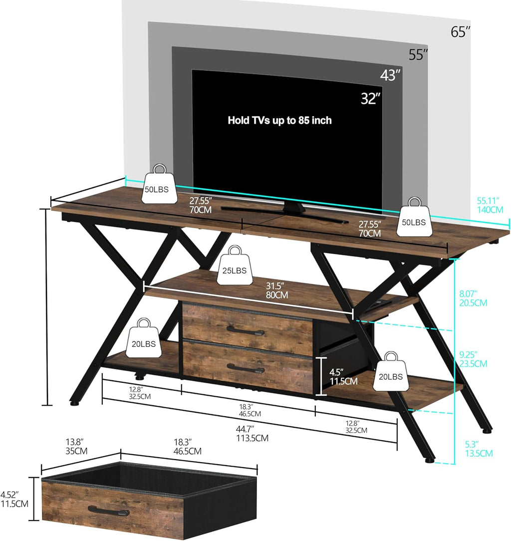 Simoretus TV Stand with Power Outlet and LED Lights, Fits TVs up to 65', 2 Fabric Drawers Entertainment Center with Open Storage Shelves, Media Console for Living Room, Bedroom (Rustic Brown)