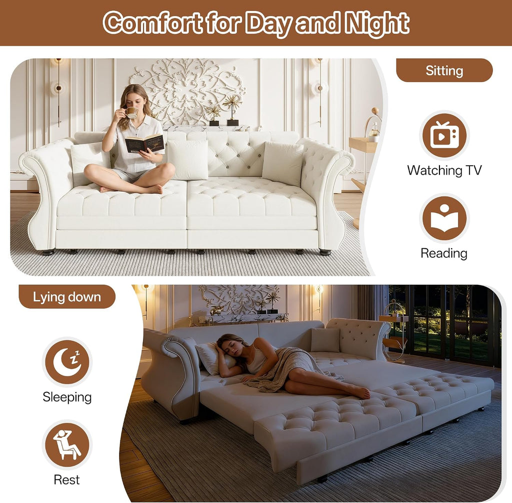97.6' King Size Sleeper Sofa Bed, 3-in-1 Convertible Pull Out Chesterfield Sleeper Couch, Oversized Velvet Flower Button Tufted 4-Seat Sofa for Living Room Apartment, Beige White
