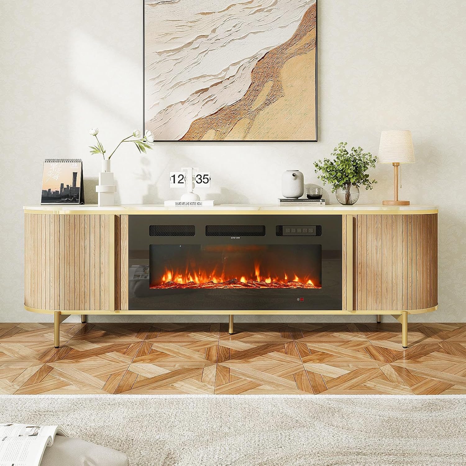 Luxury 70' Fluted TV Stand with Fireplace, Modern Chic Entertainment Center for TVs Up to 80', TV Console for Living Room, Media Cabinet with Storage,70 Inch, Natural