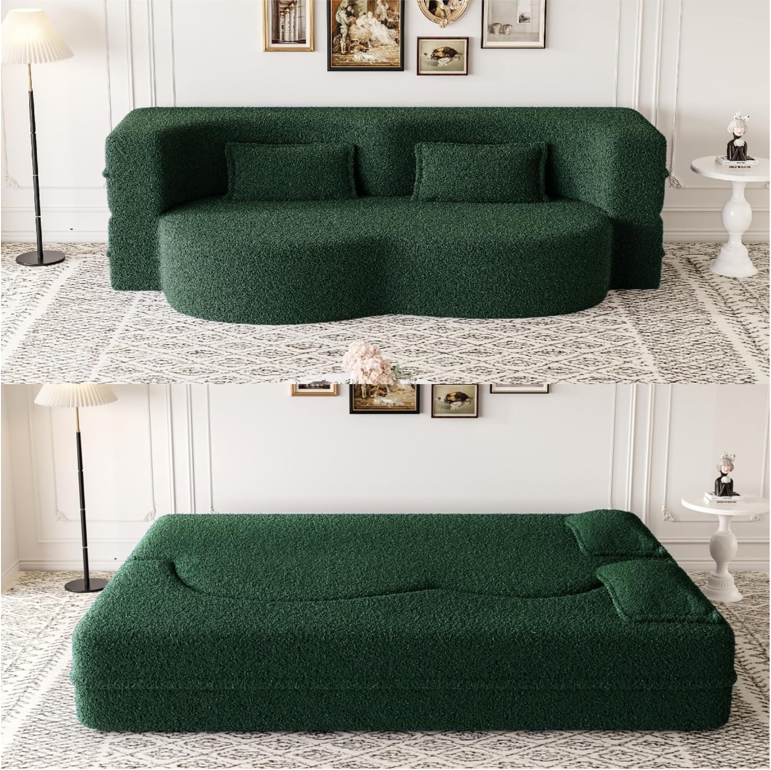 Ball & Cast 78' Floor Sofa Bed with 2 Pillows,Convertible Teddy Fabric Foam-Filled Sleeper Sofa Bed,Pull Out Couch Full Size Folding Mattress for Living Room,Playroom,No Assembly Required,Green