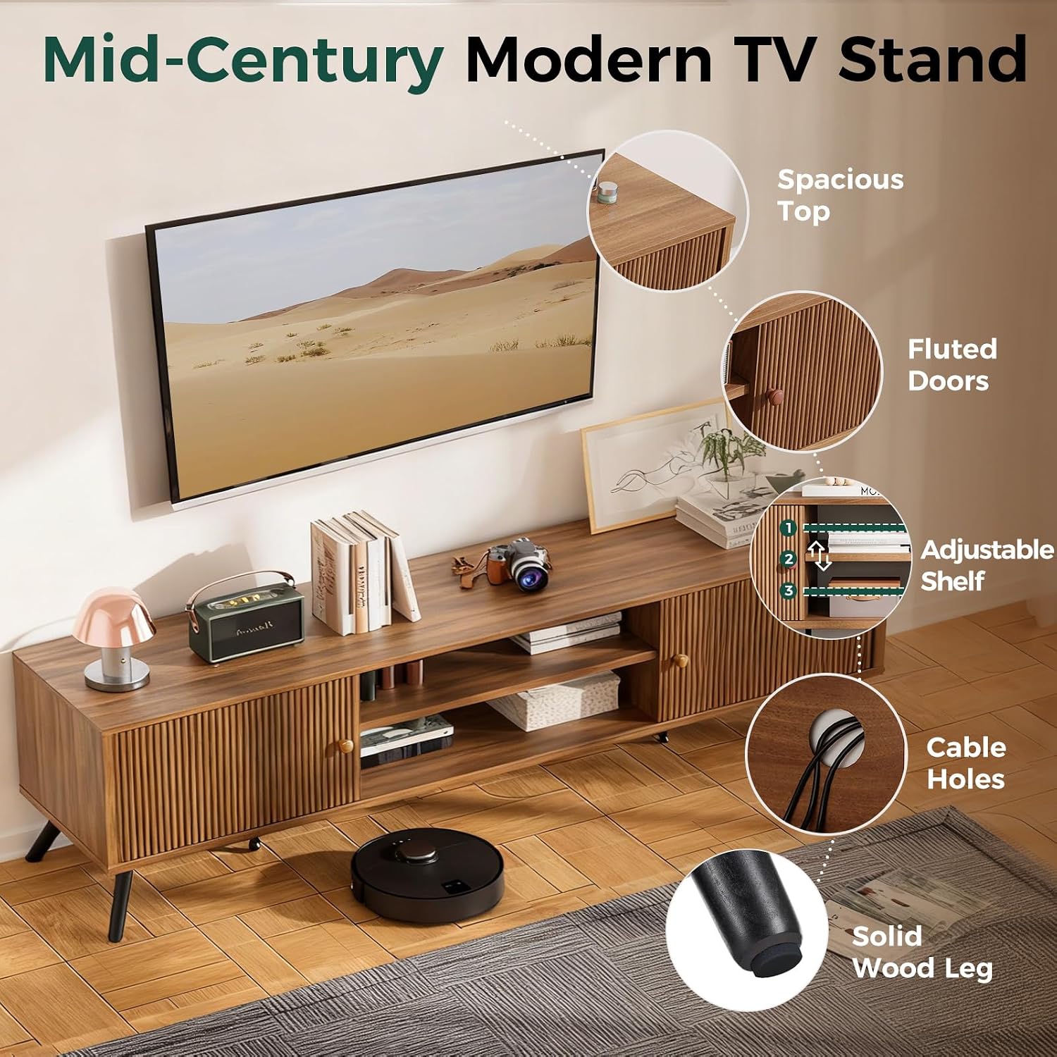 COMHOMA TV Stand for Living Room, Mid Century Modern Entertainment Center for 65/70/75 Inch TVs, Retro Brown TV Console with Fluted Door Cabinets and Open Adjustable Shelve Storage for Bedroom