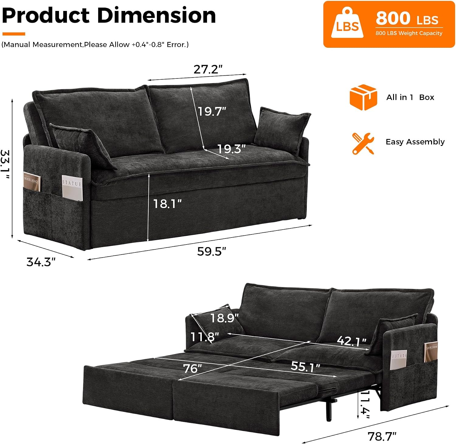 2 in 1 Queen Pull Out Sleeper Sofa Couch Bed-59.5'Convertible Sofabed with USB/C-Type Charging Ports,Chenille Sleeper Sofa with Side Pockets,Futon Couch for Living Room,Bedroom,Small Space,RV, Black