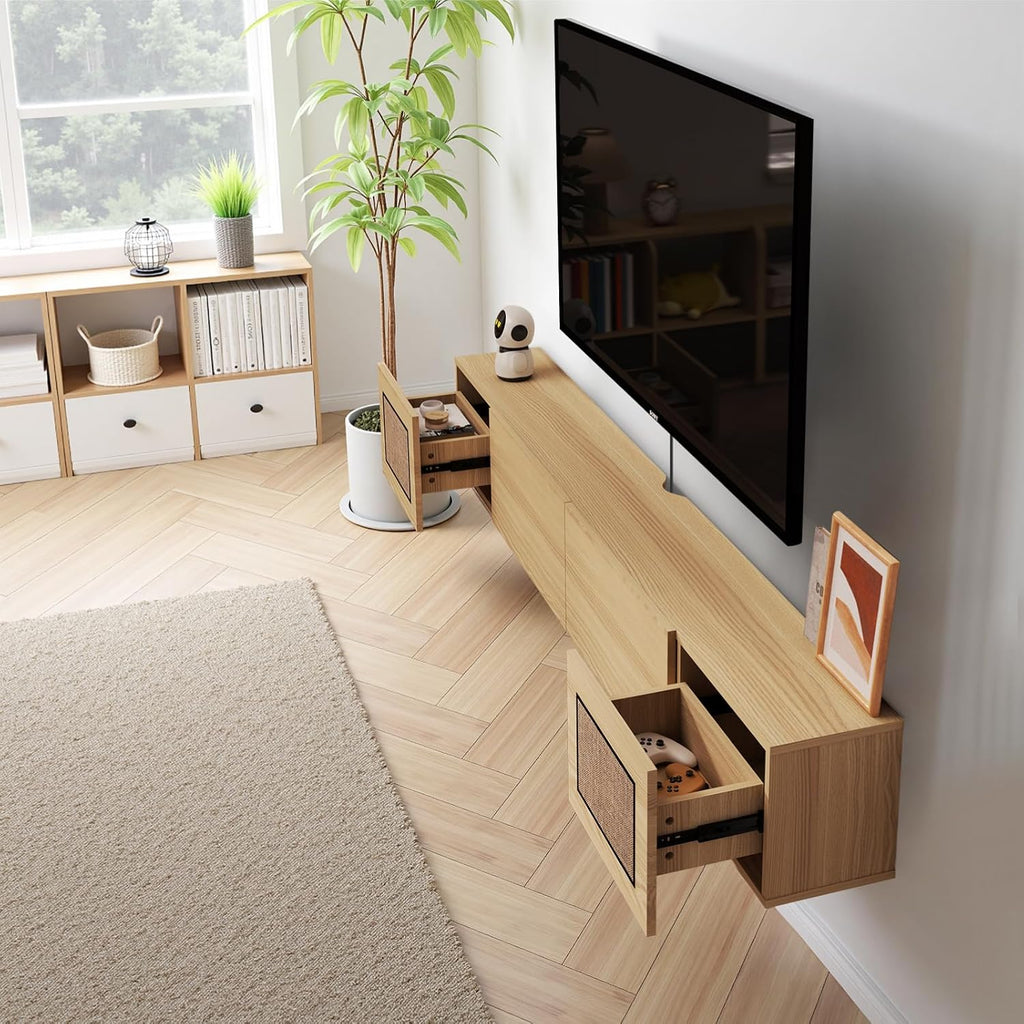 Pmnianhua Boho Floating TV Stand 55', Modern Wall Mounted Media Console with Cotton-Rayon Doors for Under TV Shelf,Entertainment Center,Living Room,Bedroom(Natural)