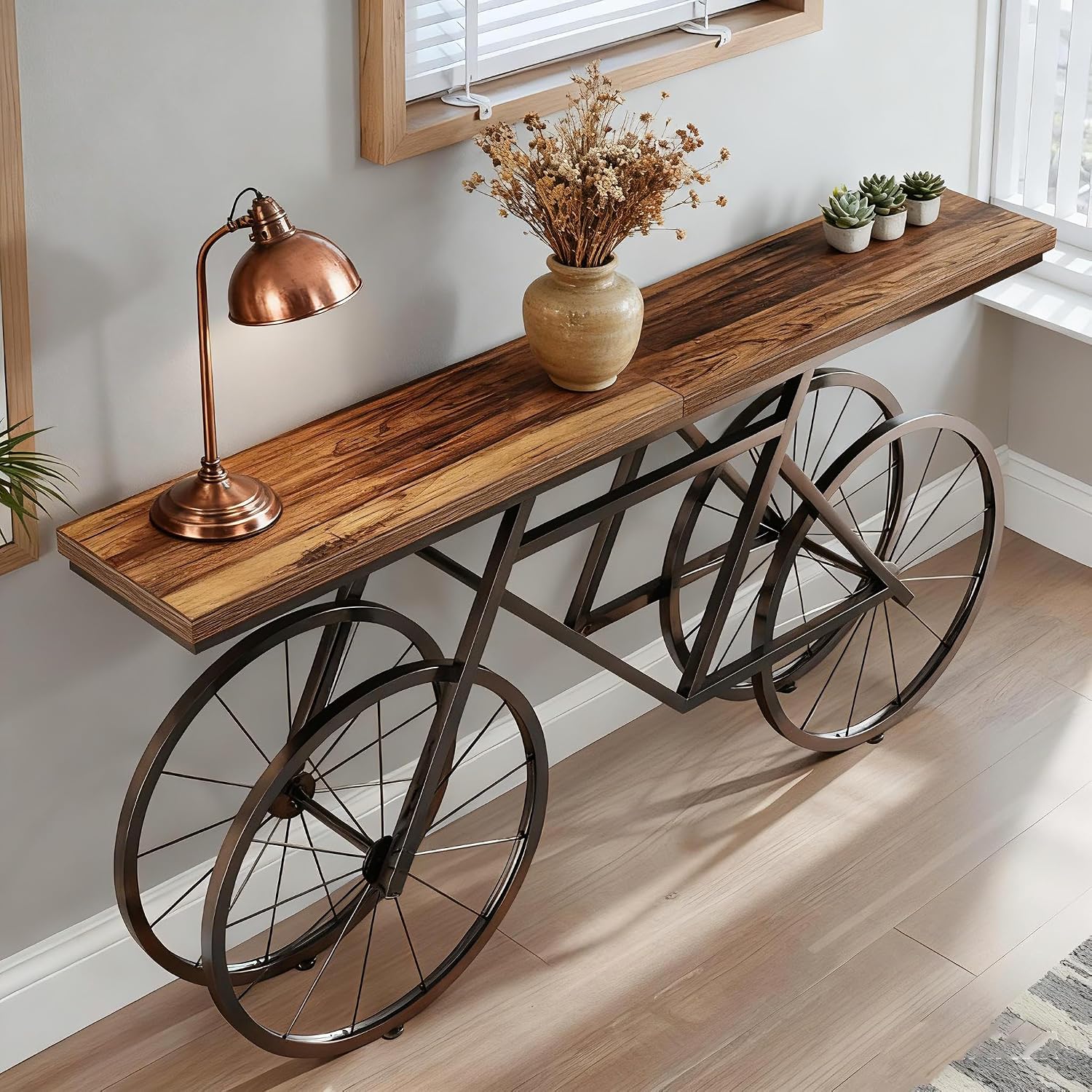 Tribesigns Extra Long Console Table, 70.9-Inch Narrow Sofa Table Behind Couch with Bicycle Metal Base, Industrial Entryway Table for Entrance, Hallway, Living Room, Brown