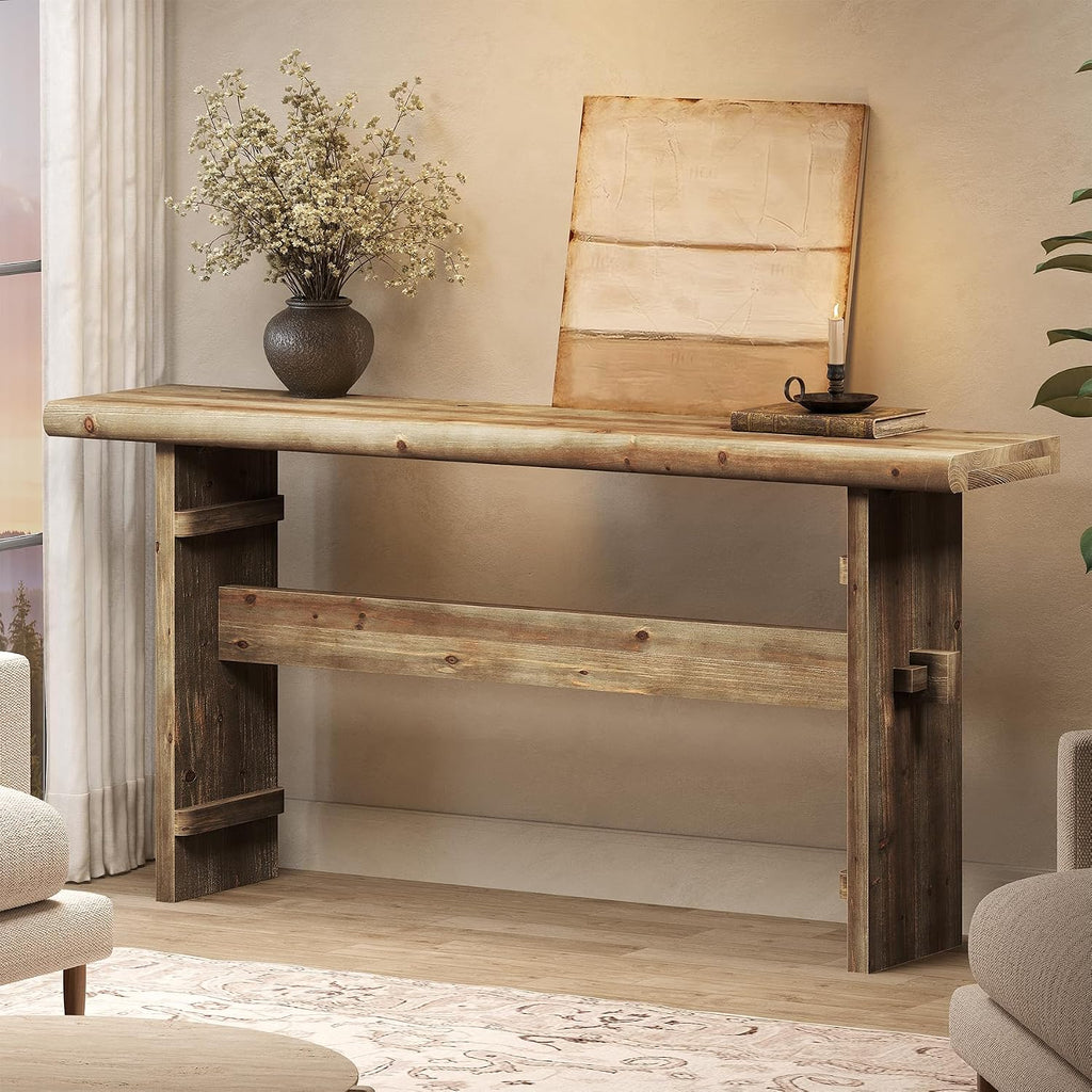 TRIBEWOOD 63-Inch Solid Wood Console Table for Entryway, Narrow Long Farmhouse Sofa Table Behind Couch, for Foyer, Hallway, Living Room, Easy Asswmbly, Brown Greige