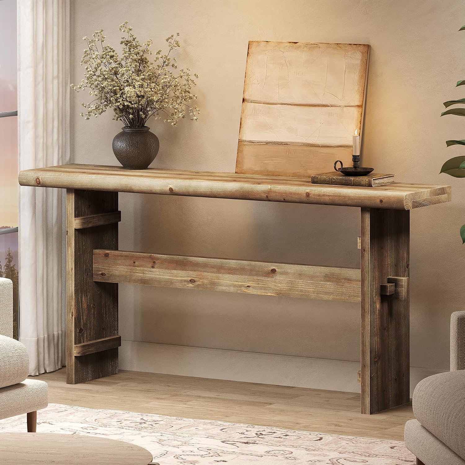TRIBEWOOD 63-Inch Solid Wood Console Table for Entryway, Narrow Long Farmhouse Sofa Table Behind Couch, for Foyer, Hallway, Living Room, Easy Asswmbly, Brown Greige