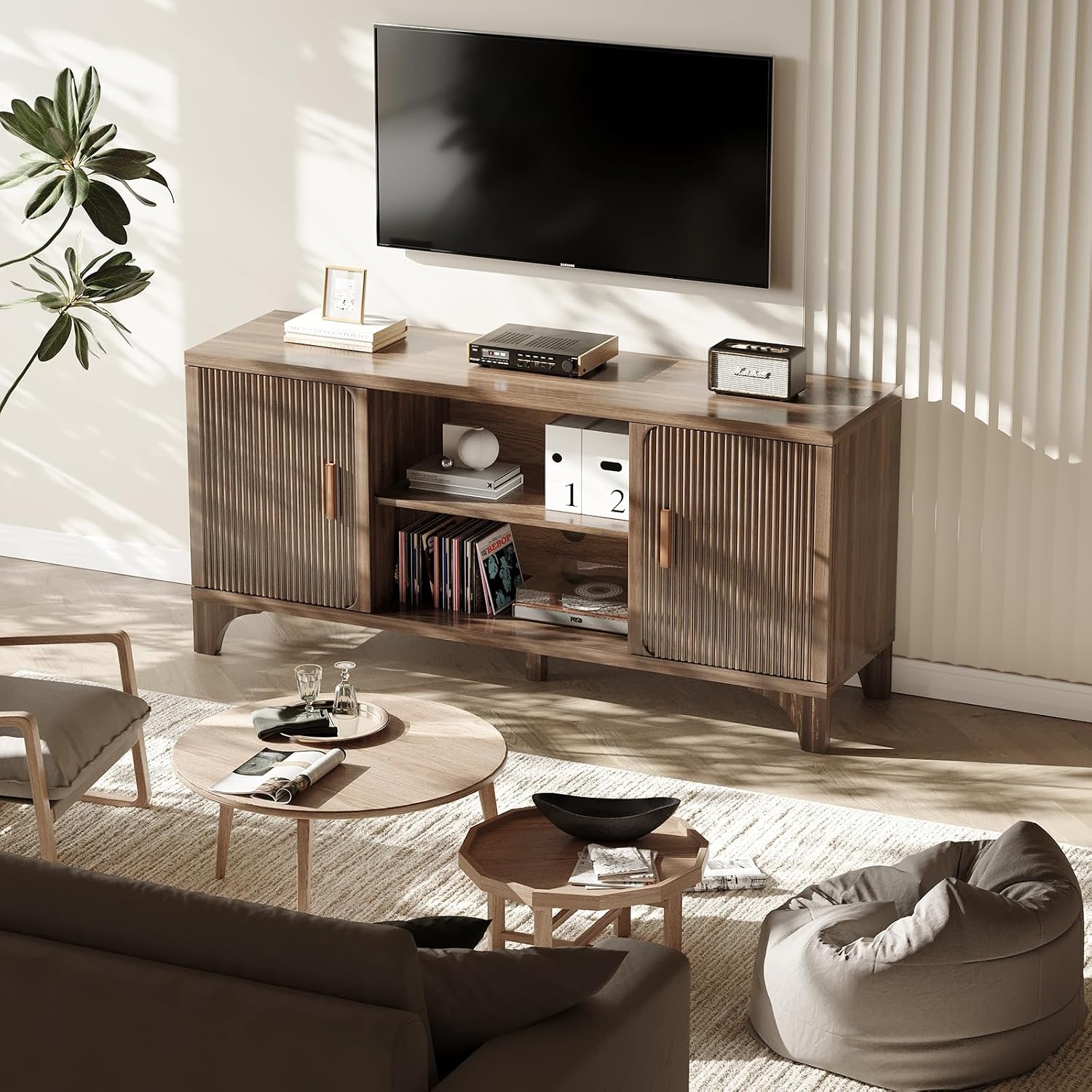 Tall Mid Century Modern TV Stands for 55/60/65 Inch TV Boho Media Console for Living Room Fluted TV Entertainment Center with Storage Wood Television Cabinet for Bedroom