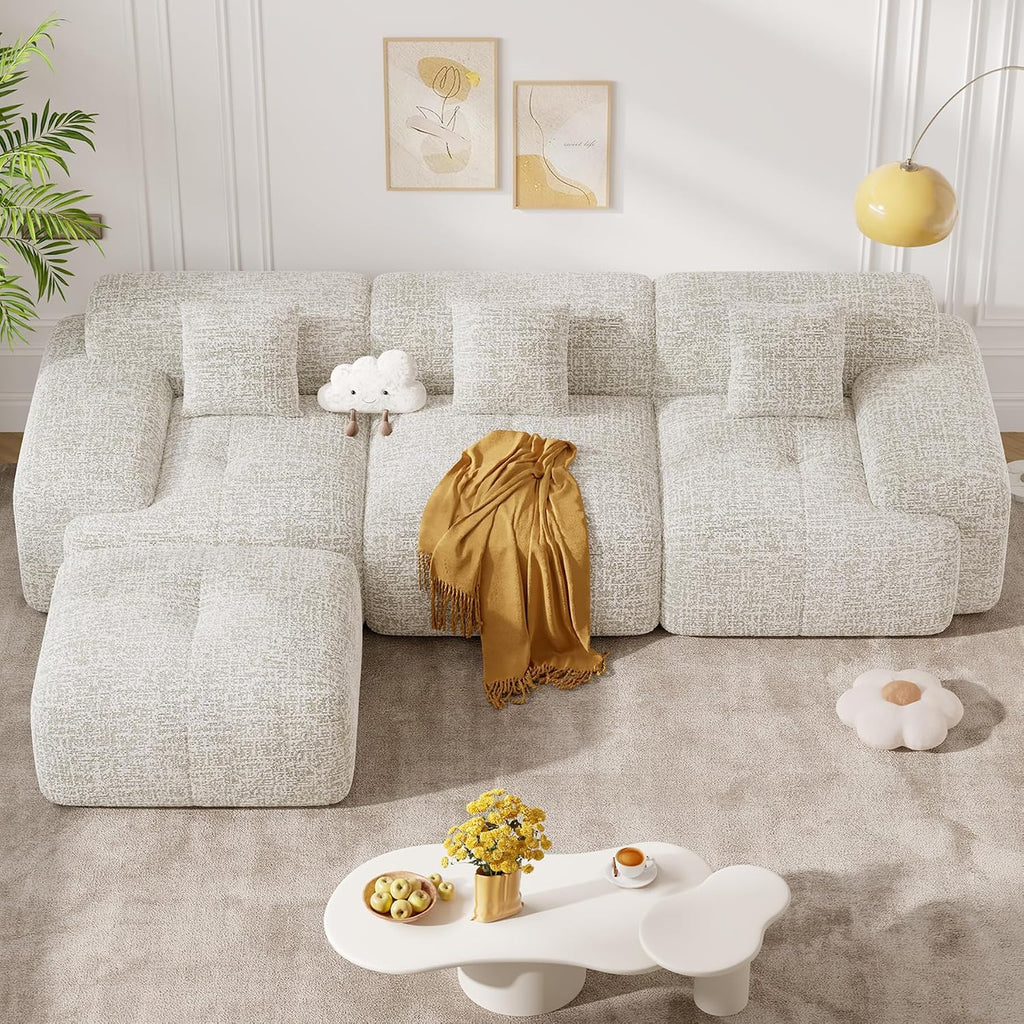 122' Modern L Shaped Modular Sectional Sofa, Boneless Couches for Living Room with Ottoman,4 Seater Convertible Chenille Cloud Couch Sofa Set, No Assembly Required, Beige 1 PCS