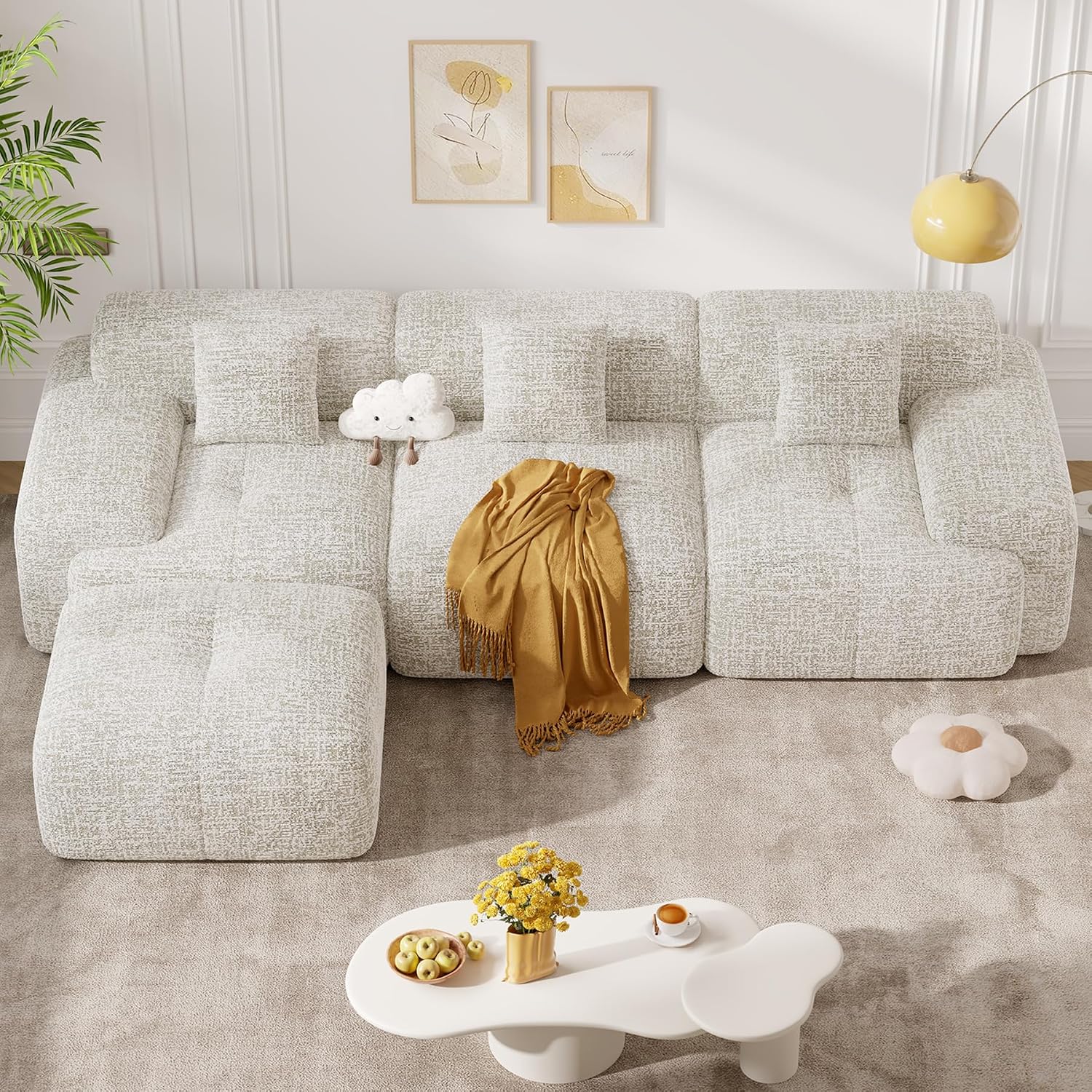 122' Modern L Shaped Modular Sectional Sofa, Boneless Couches for Living Room with Ottoman,4 Seater Convertible Chenille Cloud Couch Sofa Set, No Assembly Required, Beige 1 PCS