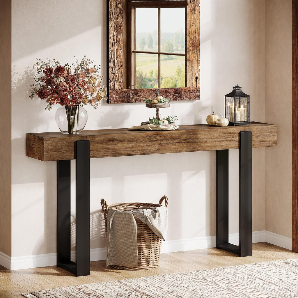 Tribesigns 63-Inch Long Console Table, Solid Wood Sofa Table Behind The Couch with Metal Support, Farmhouse Entryway Furniture for Entrance, Hallway, Living Room, Rustic Brown & Black