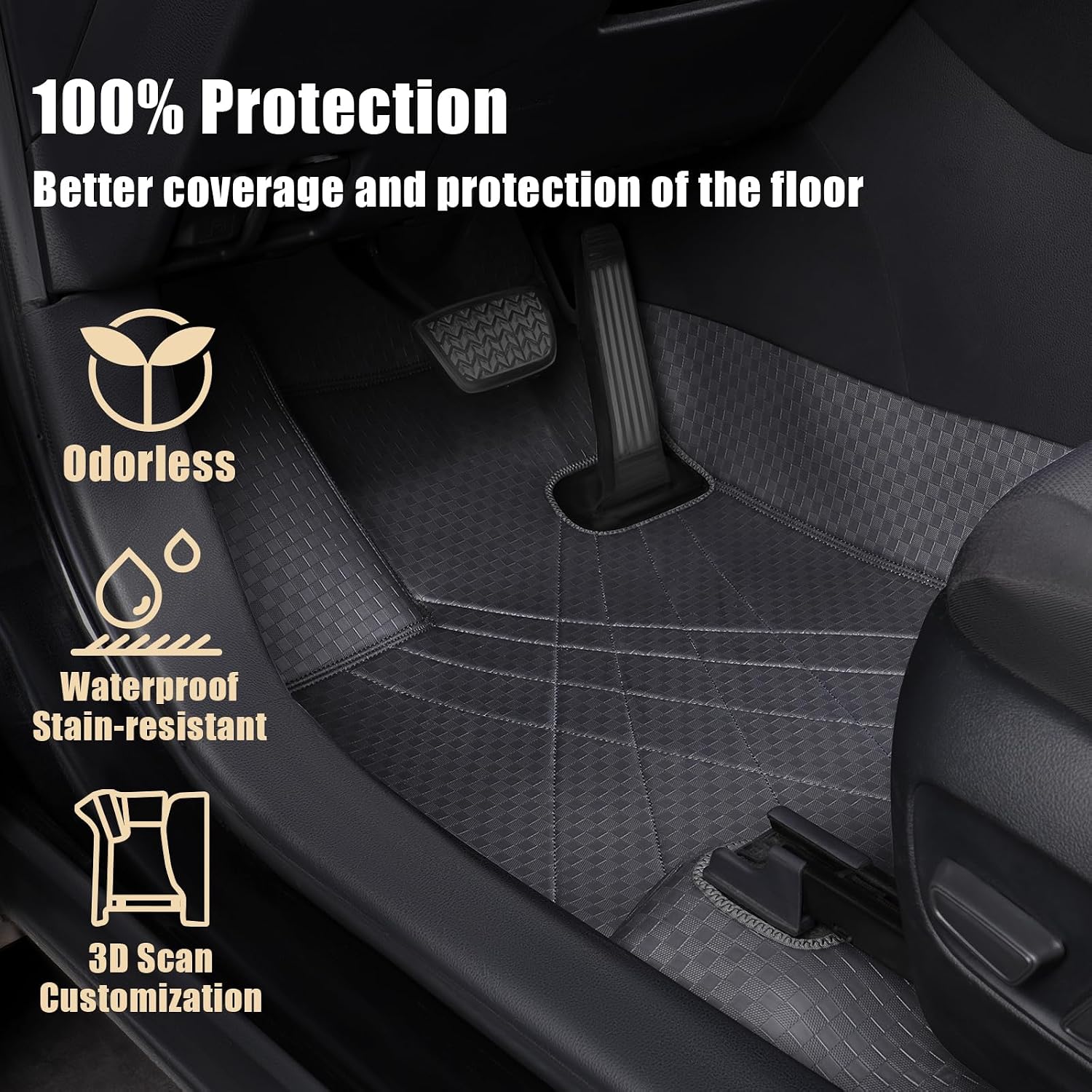 EKR Custom Floor Mats for Toyota RAV4 (Hybrid only) 2019-2025, Front & 2nd Row Luxury Car Floor Mat Fit RAV4 2019 2020 2021 2022 2023 2024 2025 - Leather (Black)