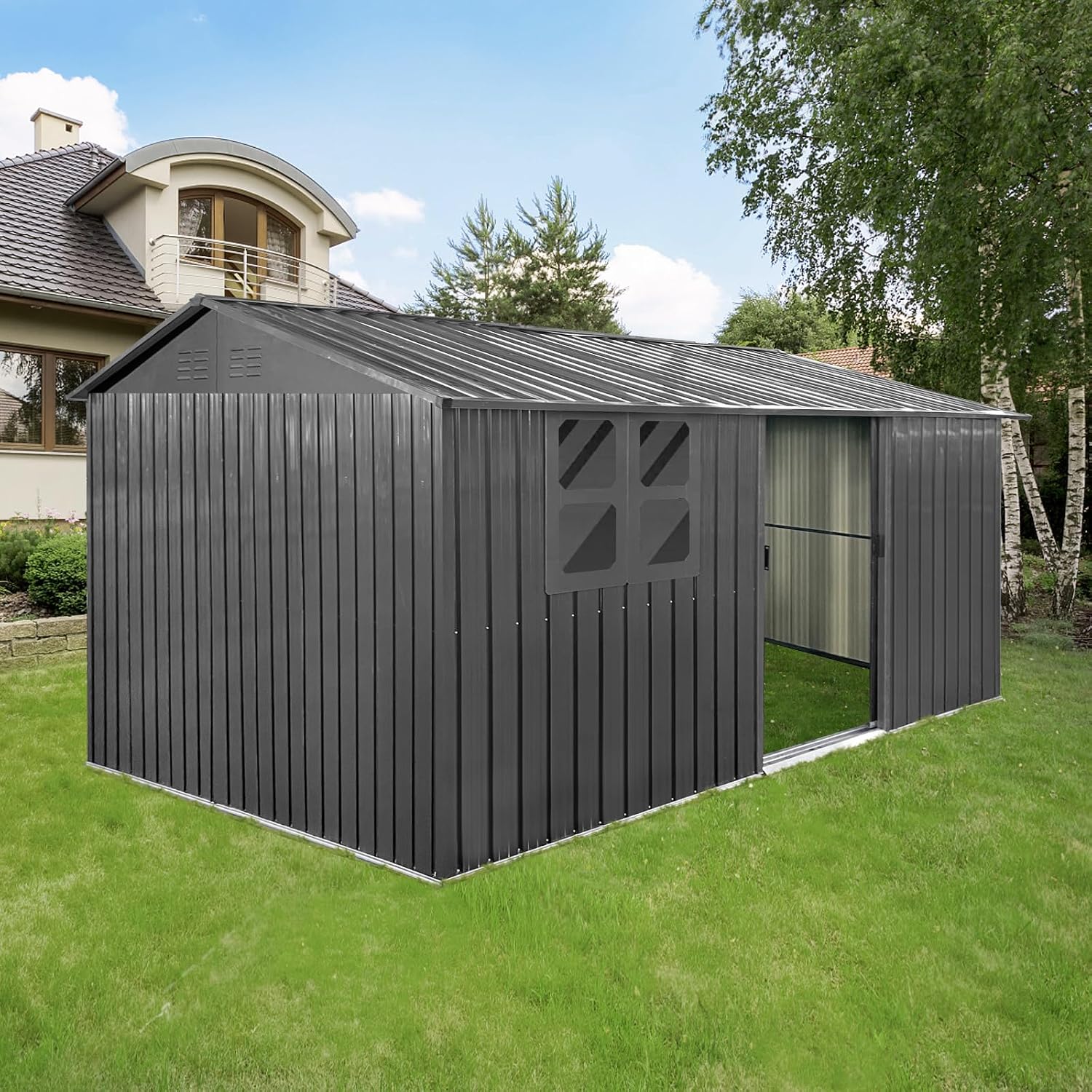 10ft x 12ft Metal Storage Shed - Outdoor Garden Shed with Sliding Door and Window, Large Bike Storage Container House, Sheds Outdoor Storage Solutions