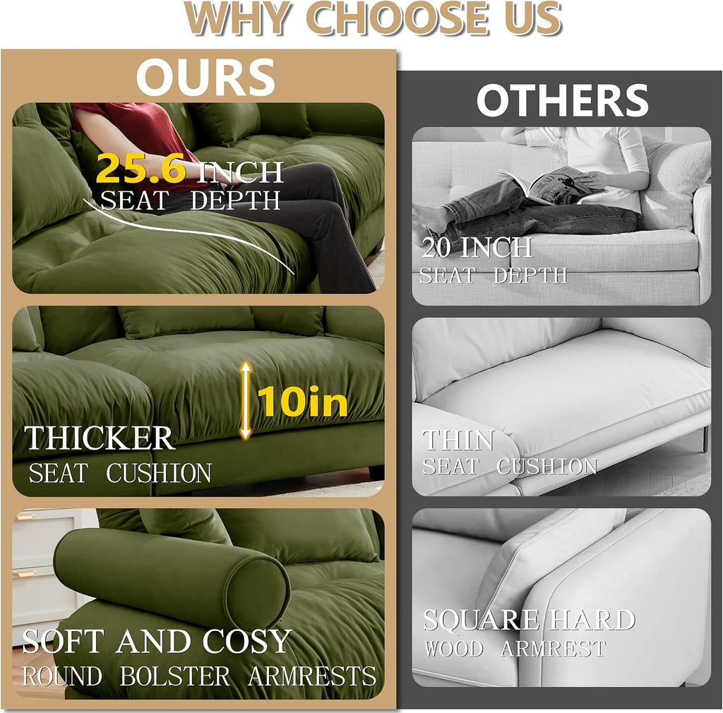 Loveseat Sofa 93.7' Modular Sectional Sofa, 2 Seater Modern Cloud L Shaped Couch, Oversized Sectional Couches for Living Room, Comfy Velvet Sofas Deep Seat Couch with 4 Pillows, Green