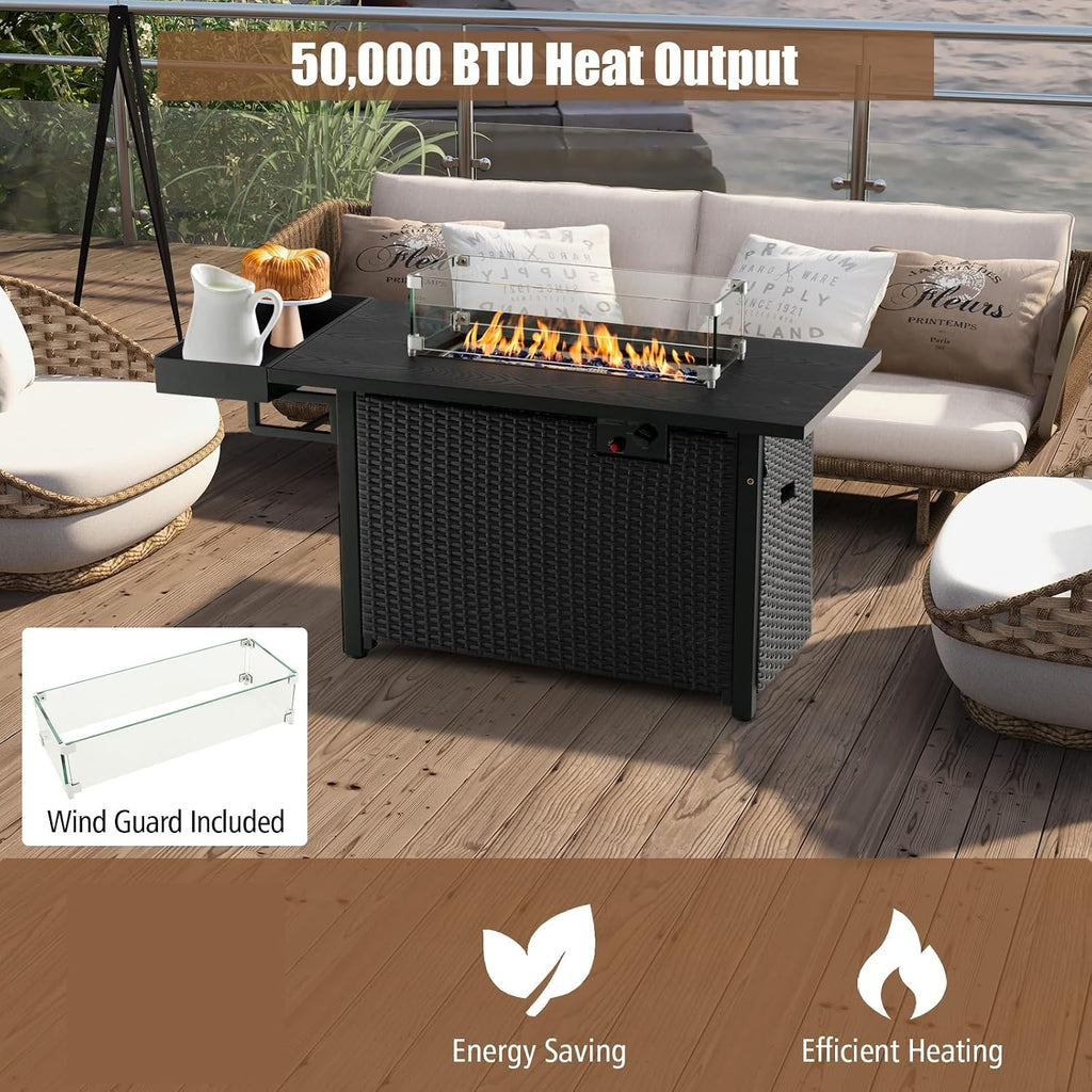 Tangkula Patio Propane Fire Pit Table, 52 Inch Wicker Gas Fire Pit with Wind Guard & Extended Shelf, 50,000 BTU Heat Output, Rectangular Fire Table with Blue Fire Stone & Waterproof Cover (Black)
