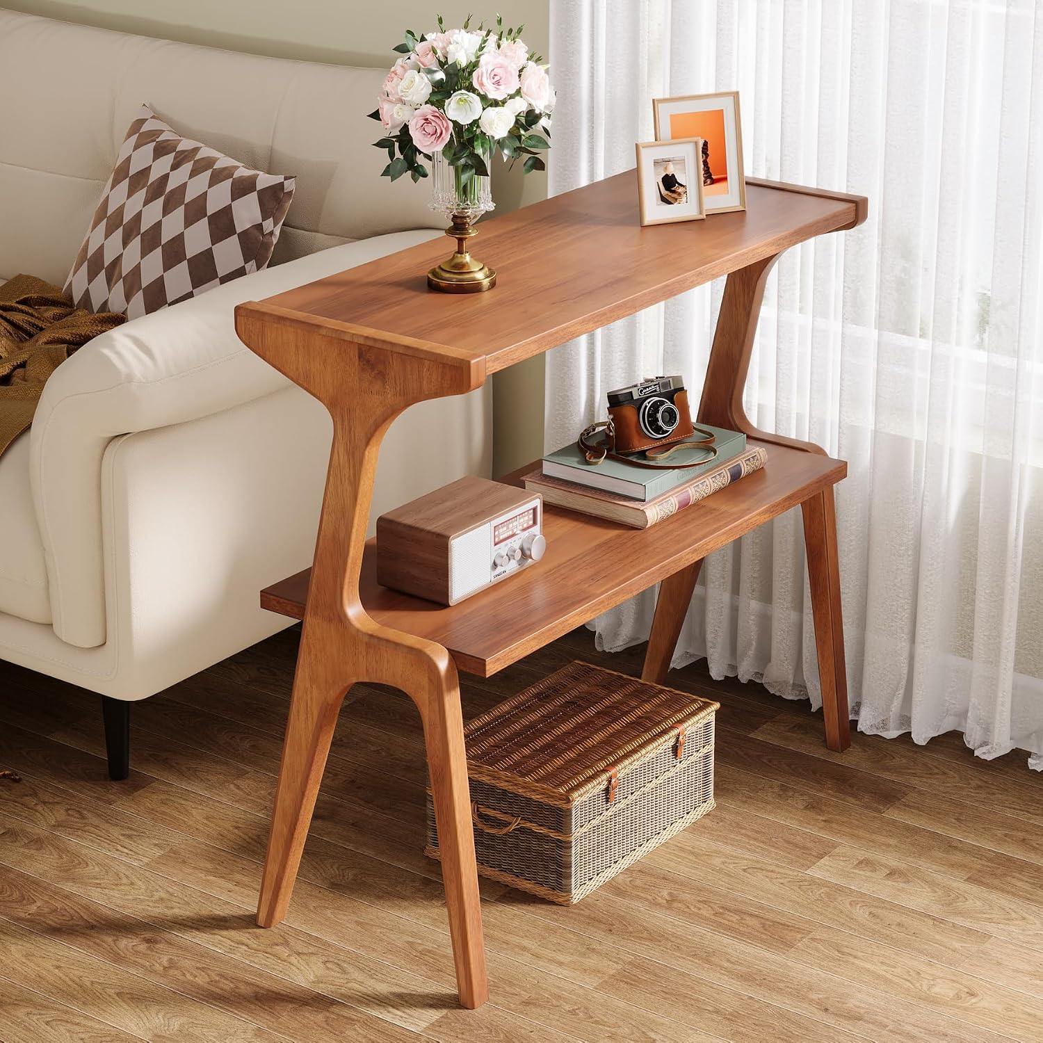 Tribesigns Set of 2 Wood End Table, Farmhouse Couch Side Table, Narrow Bedside Table for Bedroom, Living Room, Small Spaces, Easy Assembly, Walnut