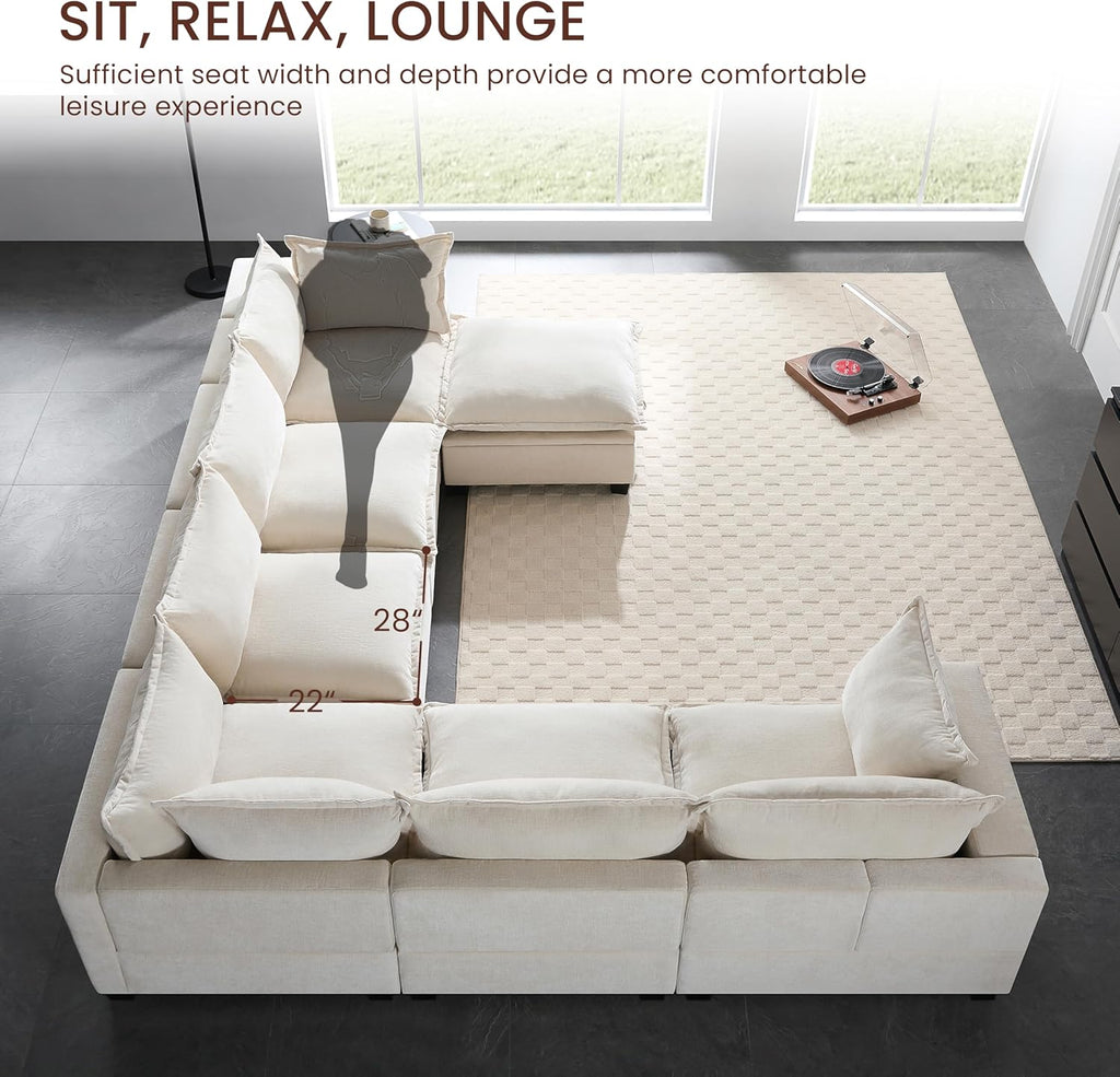 Ball & Cast Oversized U Shaped Sectional Couch with Movable Storage Ottoman,7 Seat Chenille Upholstered Sectional Sofa w/9 Pillows,DIY Combination,Wide Seat Couches for Living Room,Office,Beige