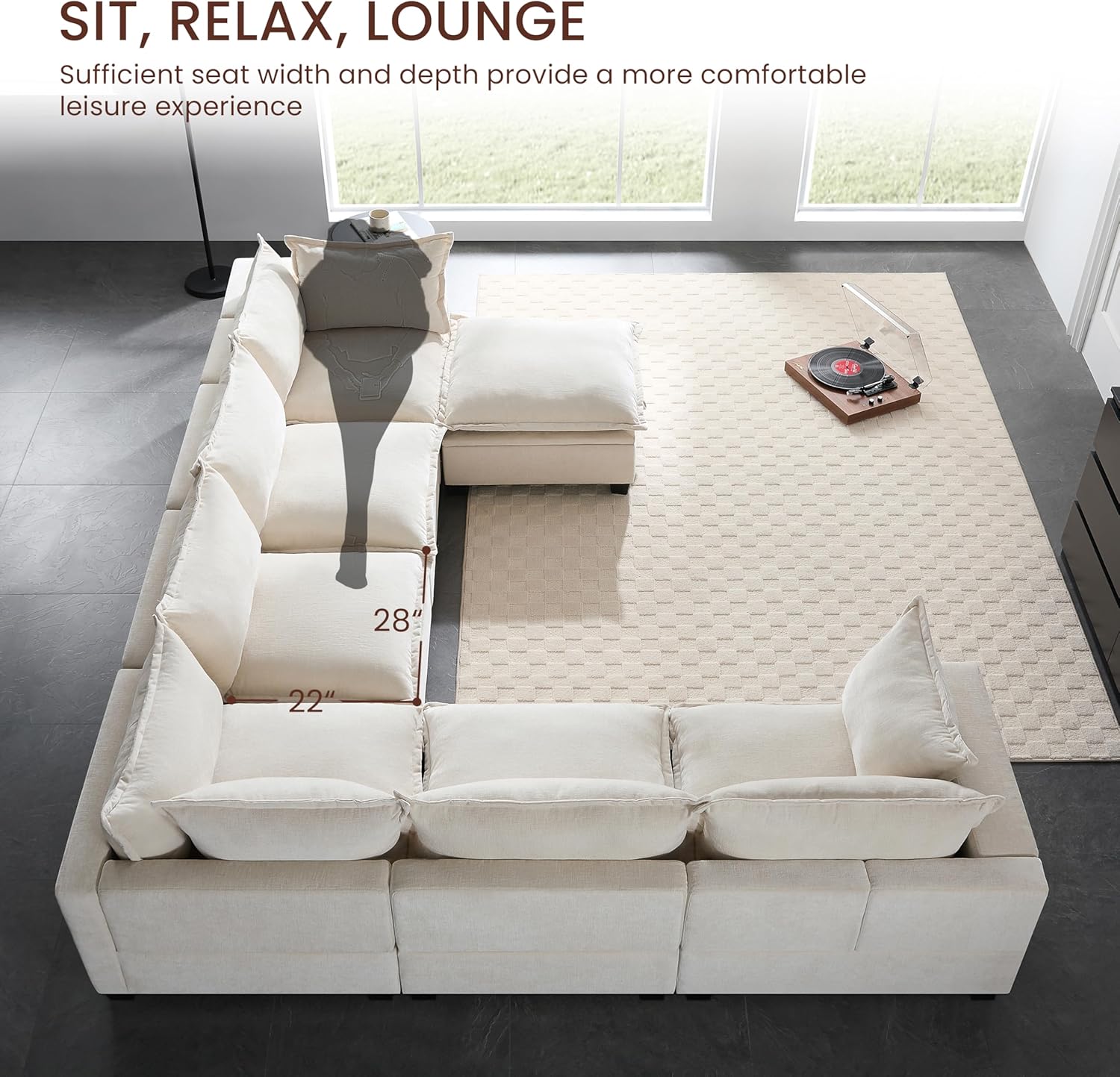 Ball & Cast Oversized U Shaped Sectional Couch with Movable Storage Ottoman,7 Seat Chenille Upholstered Sectional Sofa w/9 Pillows,DIY Combination,Wide Seat Couches for Living Room,Office,Beige