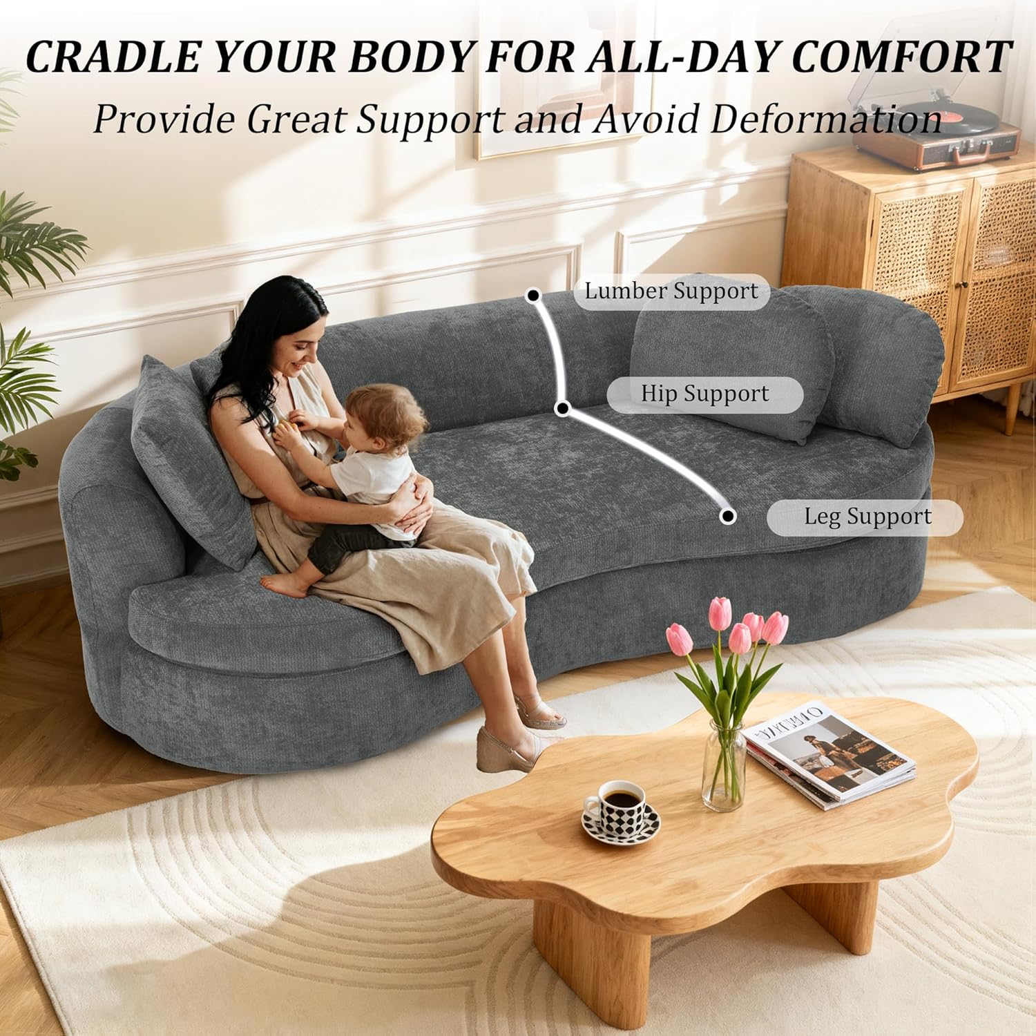 95' Modern Curved Sofa, Chenille Fabric Comfy Cloud Couch, No Assembly Required Half Moon Couch with Deep Seat, 4 Pillows for Living Room, Apartment, Bedroom