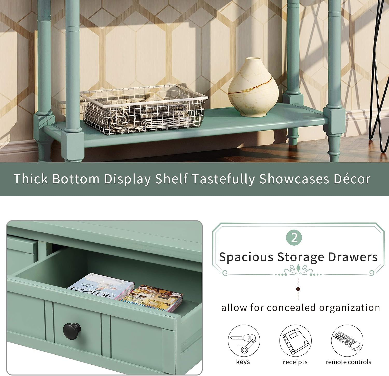 Merax Wood Farmhouse Entry Way Hallway Console Table with Drawers and Bottom Shelf Narrow Blue