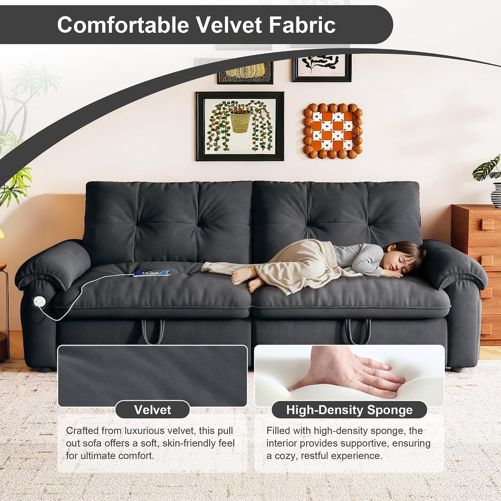 MAKIAAP Sleeper Sofa Bed, Queen Size Sofa Bed, Convertible Pull Out Couch with Adjustable Backrest, USB Port and Side Pockets, Modern 2 Seater Small Couches for Living Room, Space-Saving