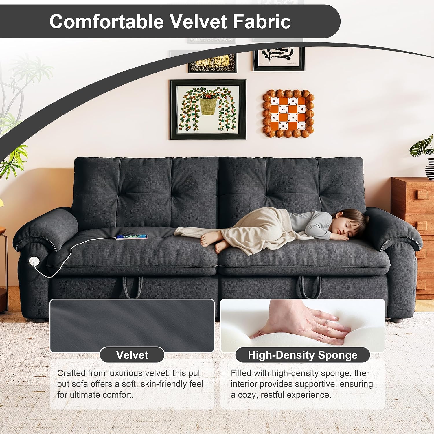 MAKIAAP Sleeper Sofa Bed, Queen Size Sofa Bed, Convertible Pull Out Couch with Adjustable Backrest, USB Port and Side Pockets, Modern 2 Seater Small Couches for Living Room, Space-Saving