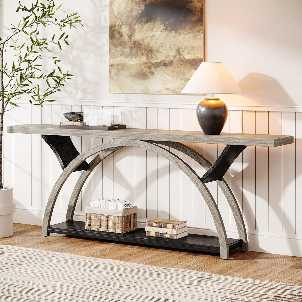 Tribesigns 70.87' Console Table, Industrial Sofa Table Behind Couch with 2 Tiers of Storage Shelves for Living Room, Hallway, Entrance, Foyer (Gray & Black)