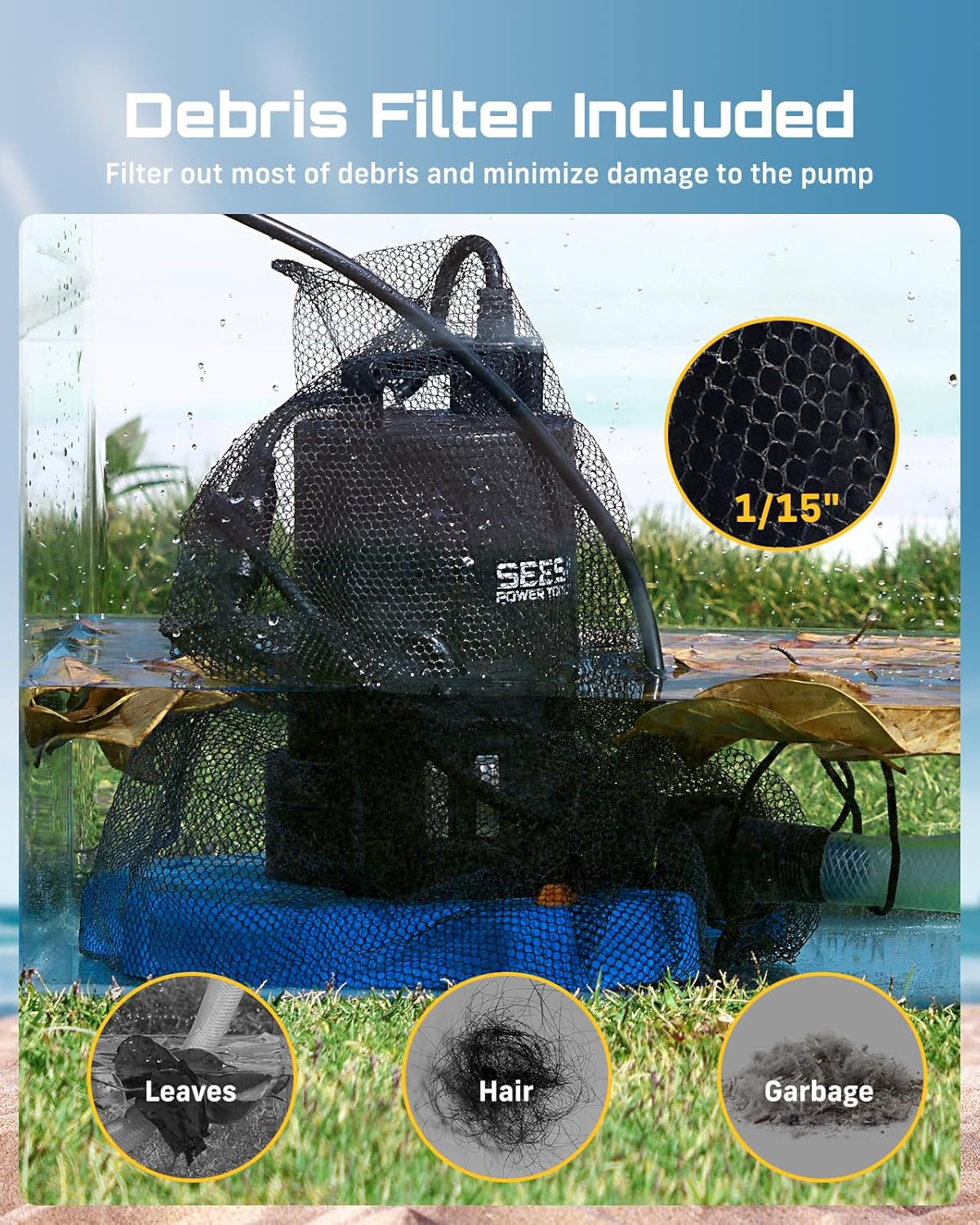 SEESII 1/3HP Pool Cover Pump - Automatic On/Off, 3035GPH Submersible Water Pump with Filter Net, 25ft Power Cord, Check Valve, Sump Pump for Swimming Pool, Hot Tubs, Pond, Basement, Rooftops