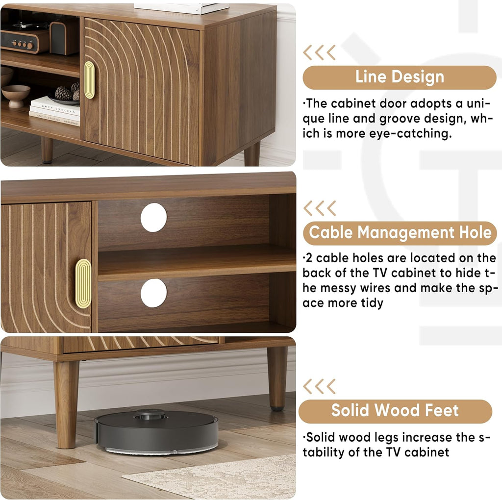 Smuxee Walnut TV Stand with Line Groove Design, 47.2' Mid Century Modern TV Media Console for TVs up to 55', TV Cabinet with Adjustable Shelf & 2 Cabinets for Living Room
