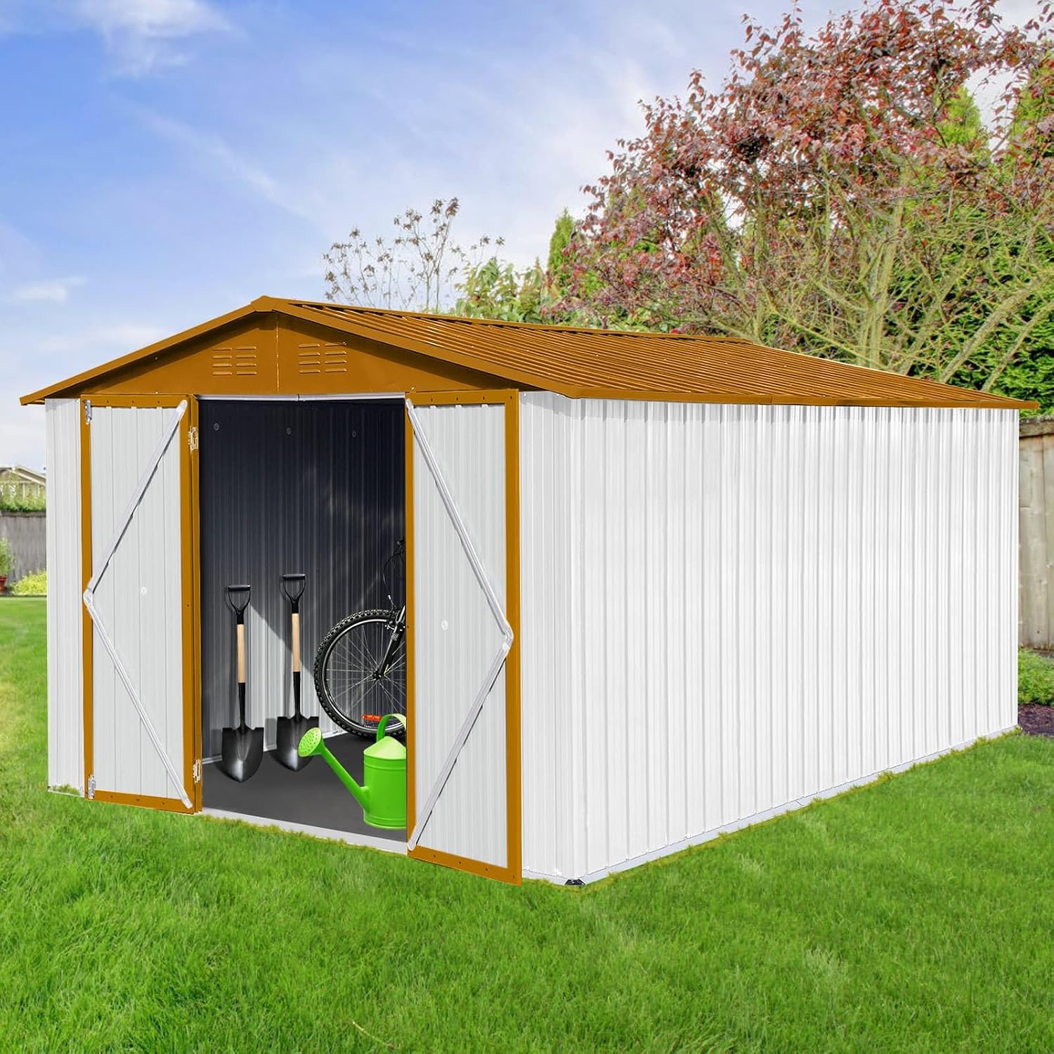 ZeHuoGe 10 X 12 FT Outdoor Storage Shed with Shutter Vent,Large Storage Shed, Heavy Duty Storage House,Garden Tool Shed for Backyard Garden Patio Law (White+Yellow)