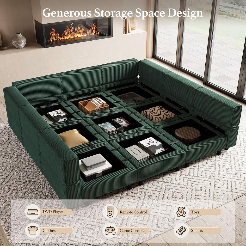 Belffin 9 Seats Corduroy Modular Sectional Sofa, Comfy Upholstered Sectional Couches for Living Room,Green