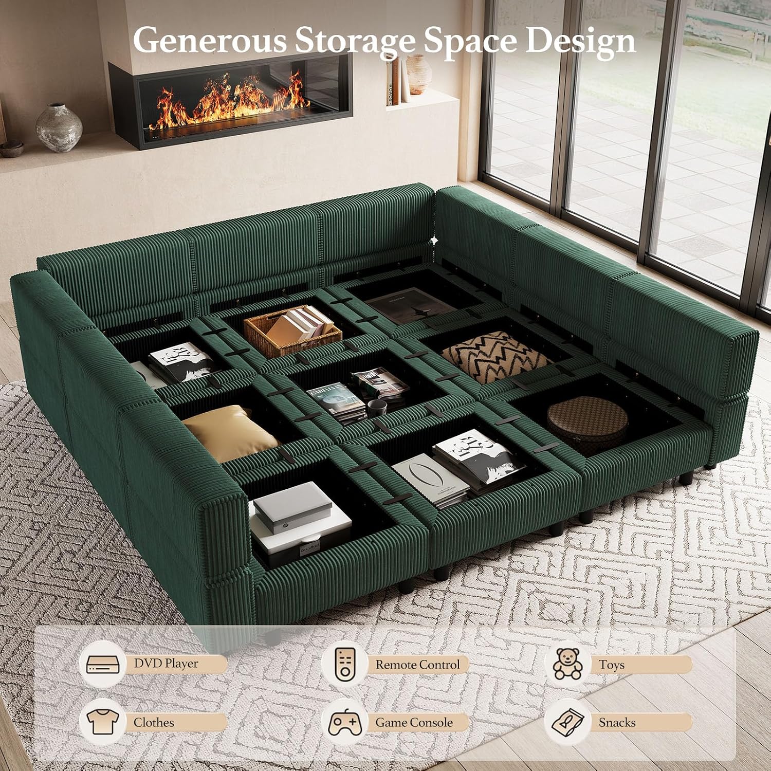 Belffin 9 Seats Corduroy Modular Sectional Sofa, Comfy Upholstered Sectional Couches for Living Room,Green