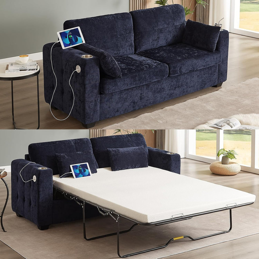 ONBRILL Pull Out Sofa Bed, Chenille Full Size Sleeper Sofa Bed with Cup Holder and USB Port, 76 inch Couch Bed with Memory Foam, Button Tufting Loveseat Couch for Living Room, Blue