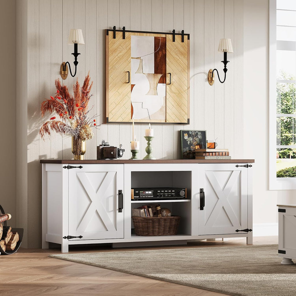 WLIVE Modern Farmhouse TV Stand for TVs up to 65', Entertainment Center with X-Shaped Barn Doors, Large Storage Media TV Console with Adjustable Shelves & Cable Holes for Living Room, White