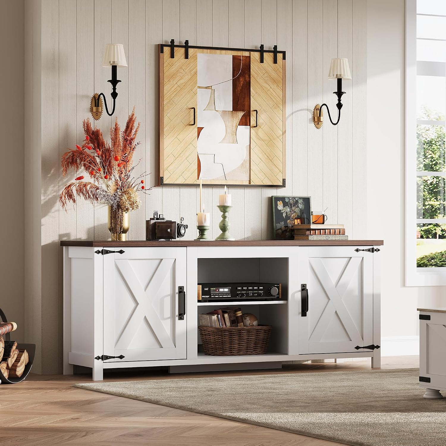 WLIVE Modern Farmhouse TV Stand for TVs up to 65', Entertainment Center with X-Shaped Barn Doors, Large Storage Media TV Console with Adjustable Shelves & Cable Holes for Living Room, White