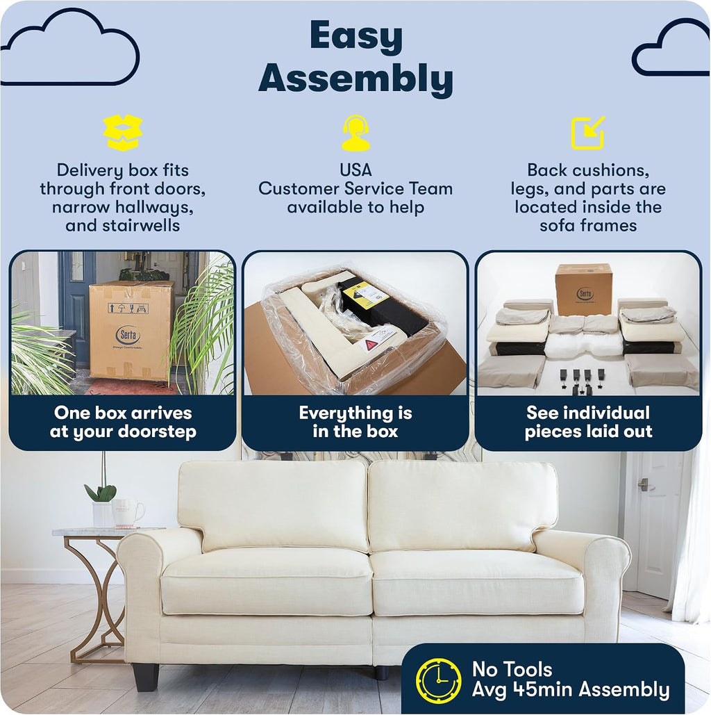 Serta Copenhagen 78' Rolled Arm Sofa, Easy Care Polyester, Soft Pillow Back, Pocket Coil Seat Cushions, Removable Covers, Loveseat or Couch for Small Spaces, Living Rooms or Bedrooms, Buttercream