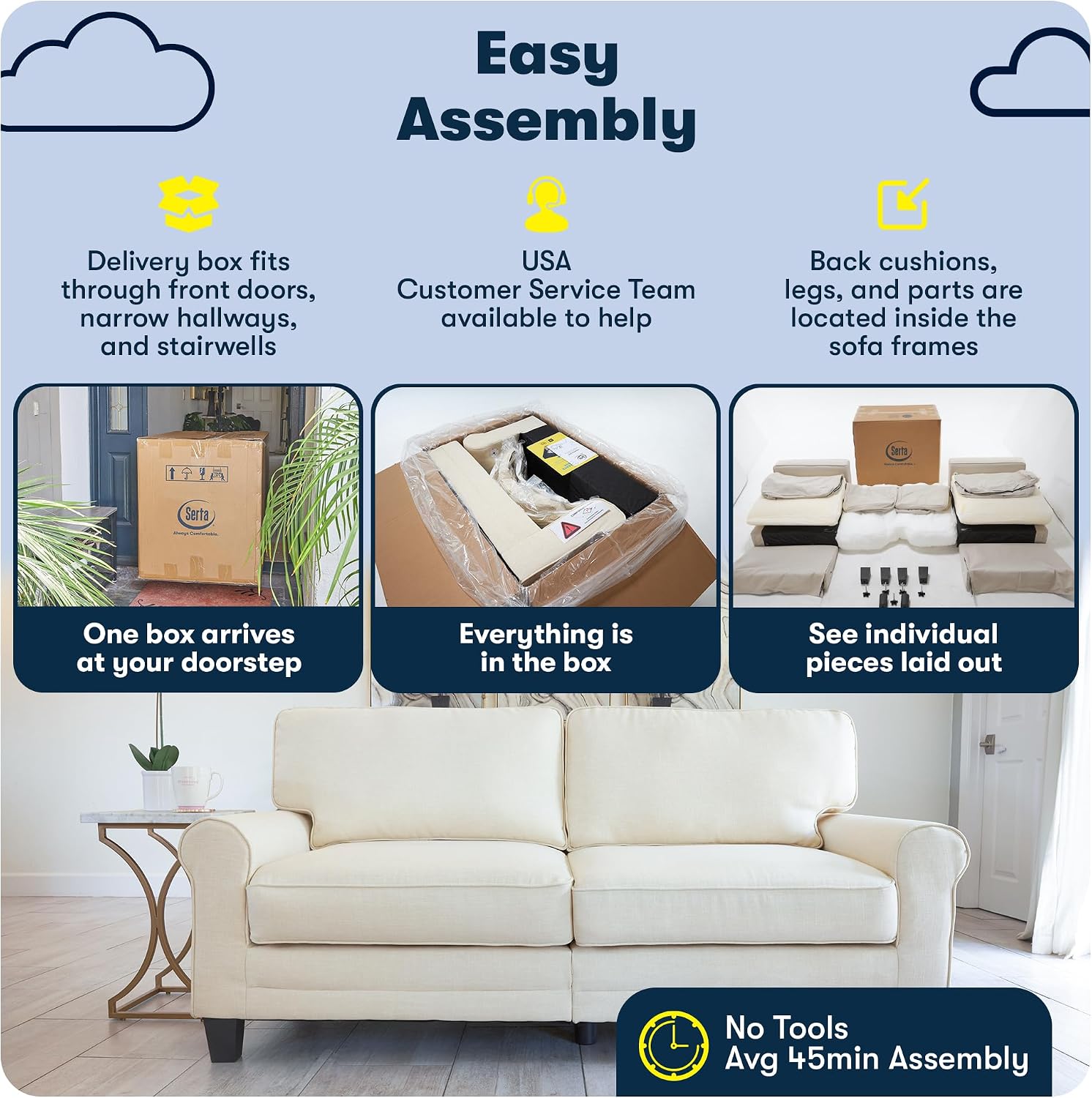 Serta Copenhagen 61' Rolled Arm Sofa, Easy Care Polyester, Soft Pillow Back, Pocket Coil Seat Cushions, Removable Covers, Loveseat or Couch for Small Spaces, Living Rooms or Bedrooms, Cream White