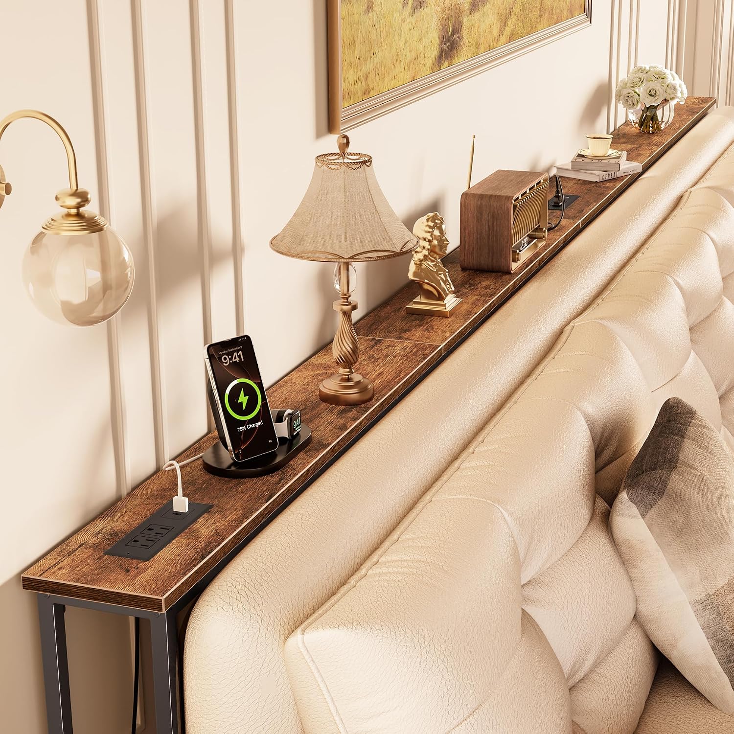 Huuger 126 Inch Sofa Table with Power Outlets and USB-C Ports, 5.9 Inch Narrow Entryway Table, Behind Couch Table with Storage, Extra-Long Console Table, Living Room, Rusitc Brown